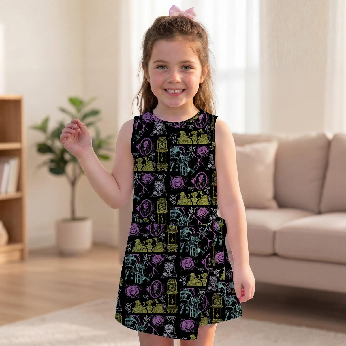 Neon Spooky Hitchhiking Ghosts Tennis Dress, Disney Haunted Mansion Sleeveless Dress