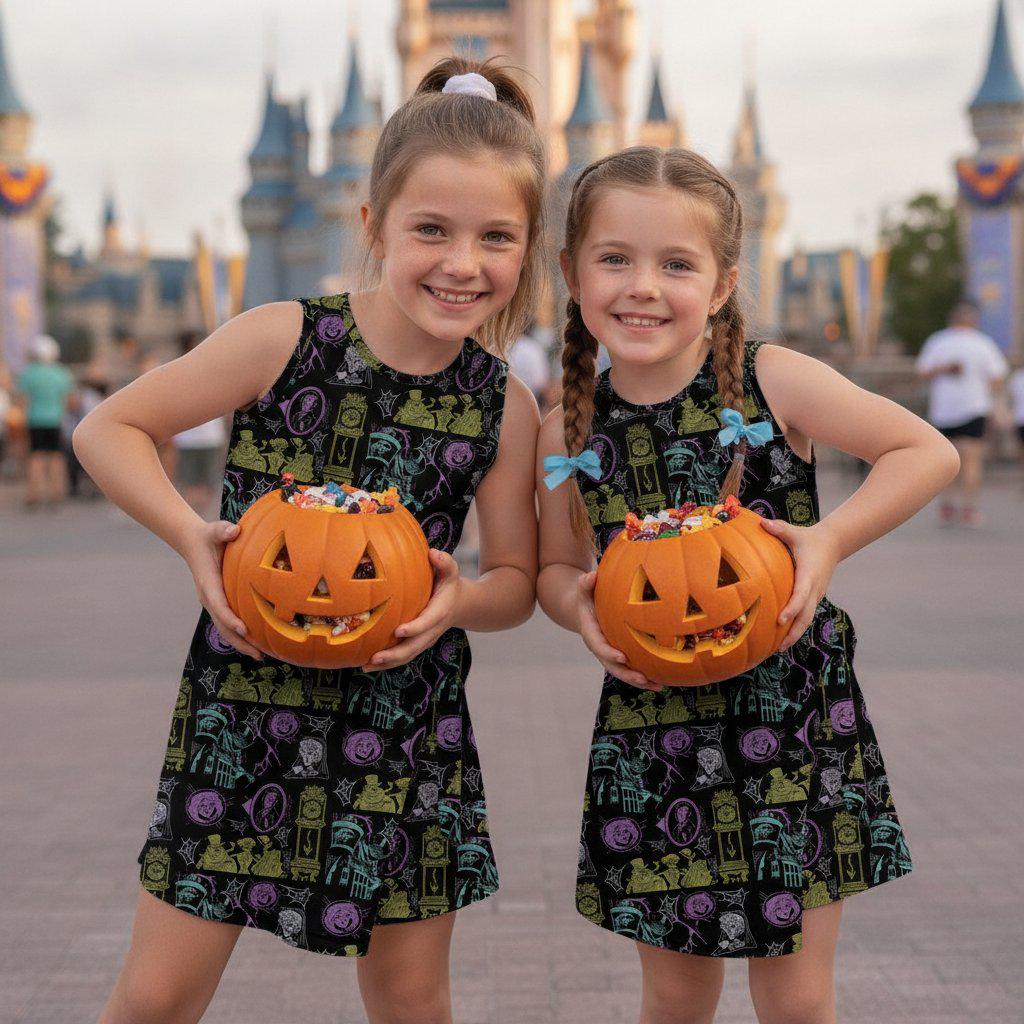 Neon Spooky Hitchhiking Ghosts Tennis Dress, Disney Haunted Mansion Sleeveless Dress