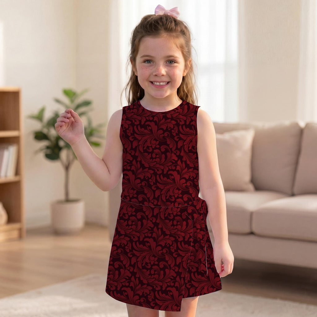 Burgundy Damask Tennis Dress, Elegant Red Floral Pattern Activewear, Vintage Gothic Holiday Matching Outfit