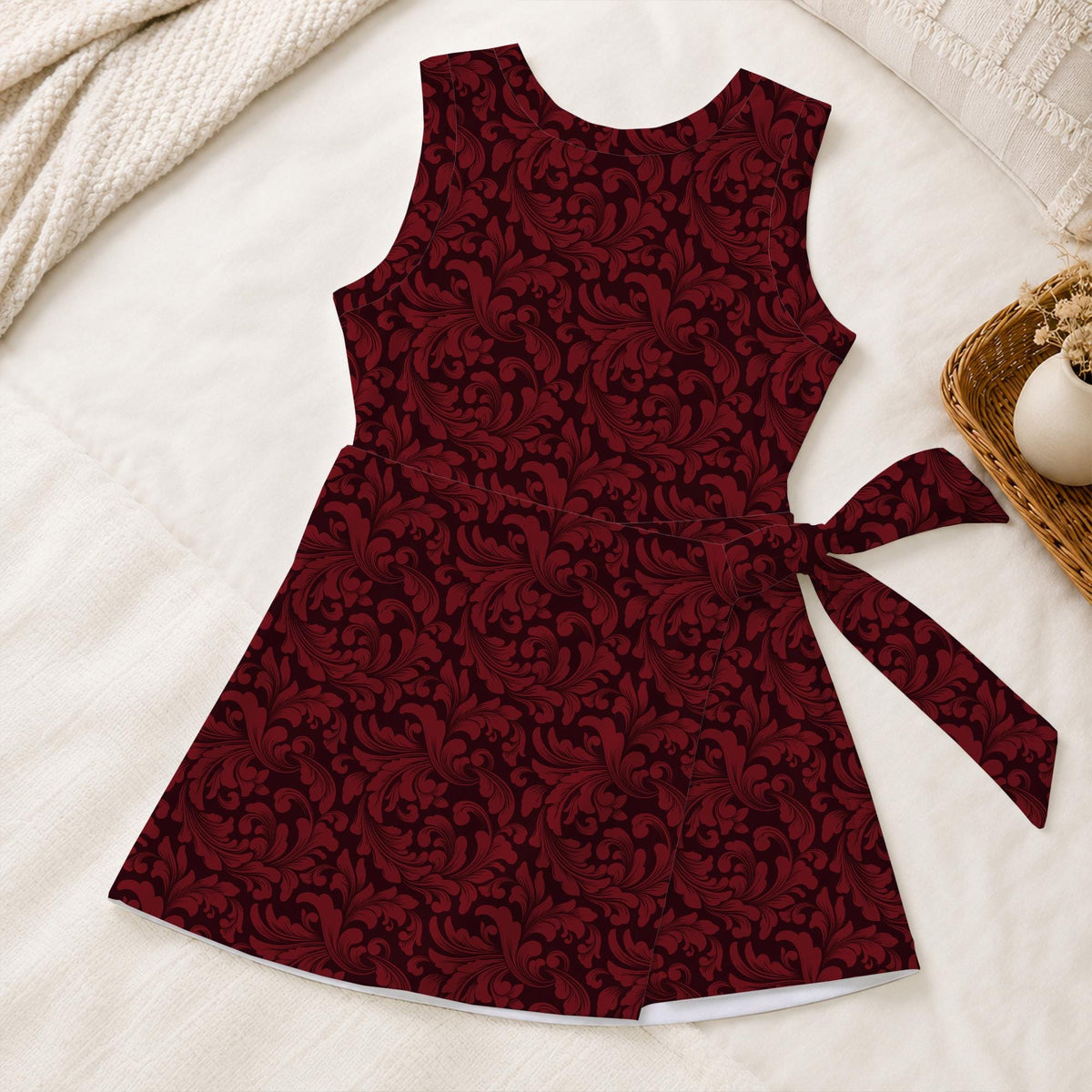 Burgundy Damask Tennis Dress, Elegant Red Floral Pattern Activewear, Vintage Gothic Holiday Matching Outfit