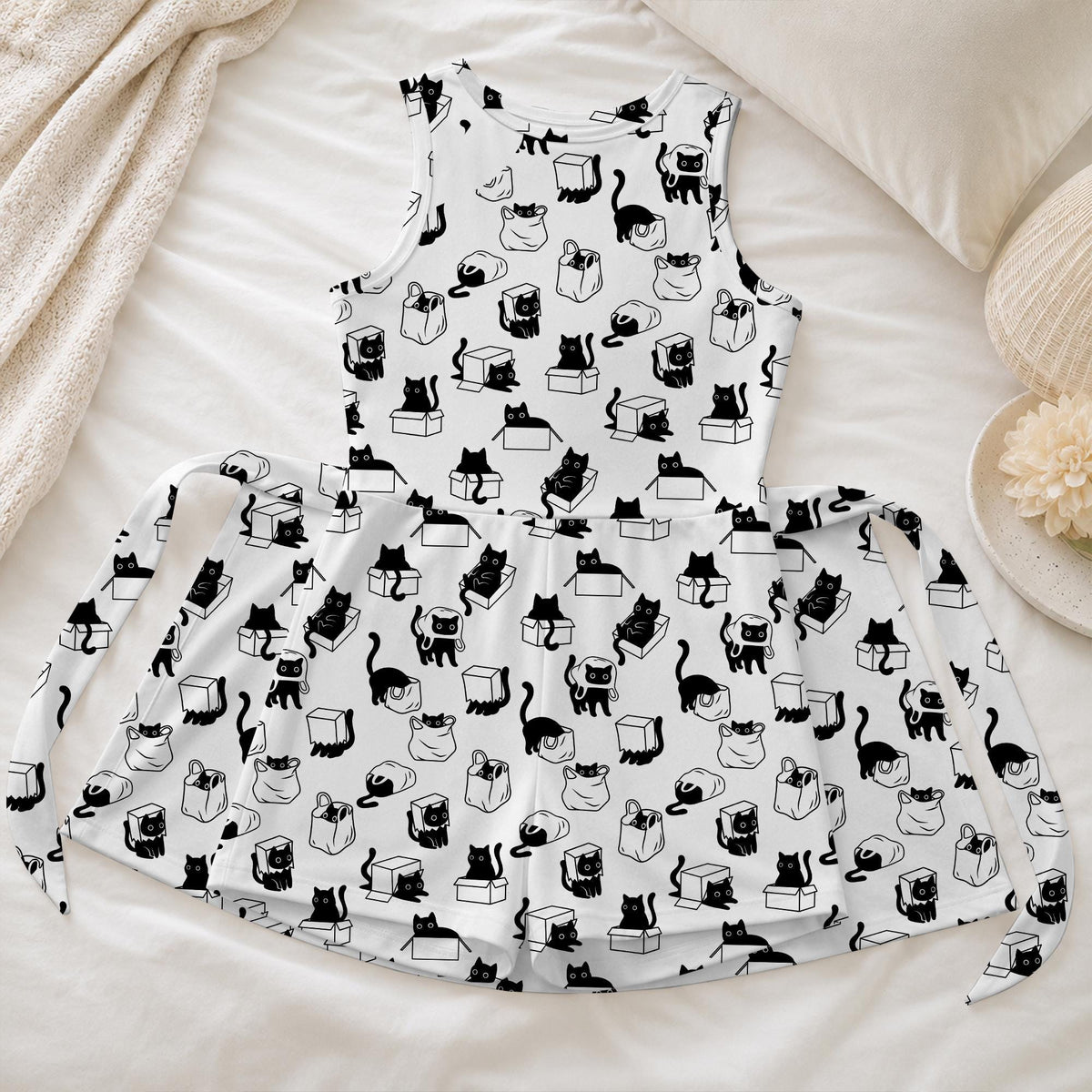 Funny Cat In The Box Tennis Dress, Black Cat Box Bag Doodle Pattern Activewear, Cute Kitty Lover Outfit