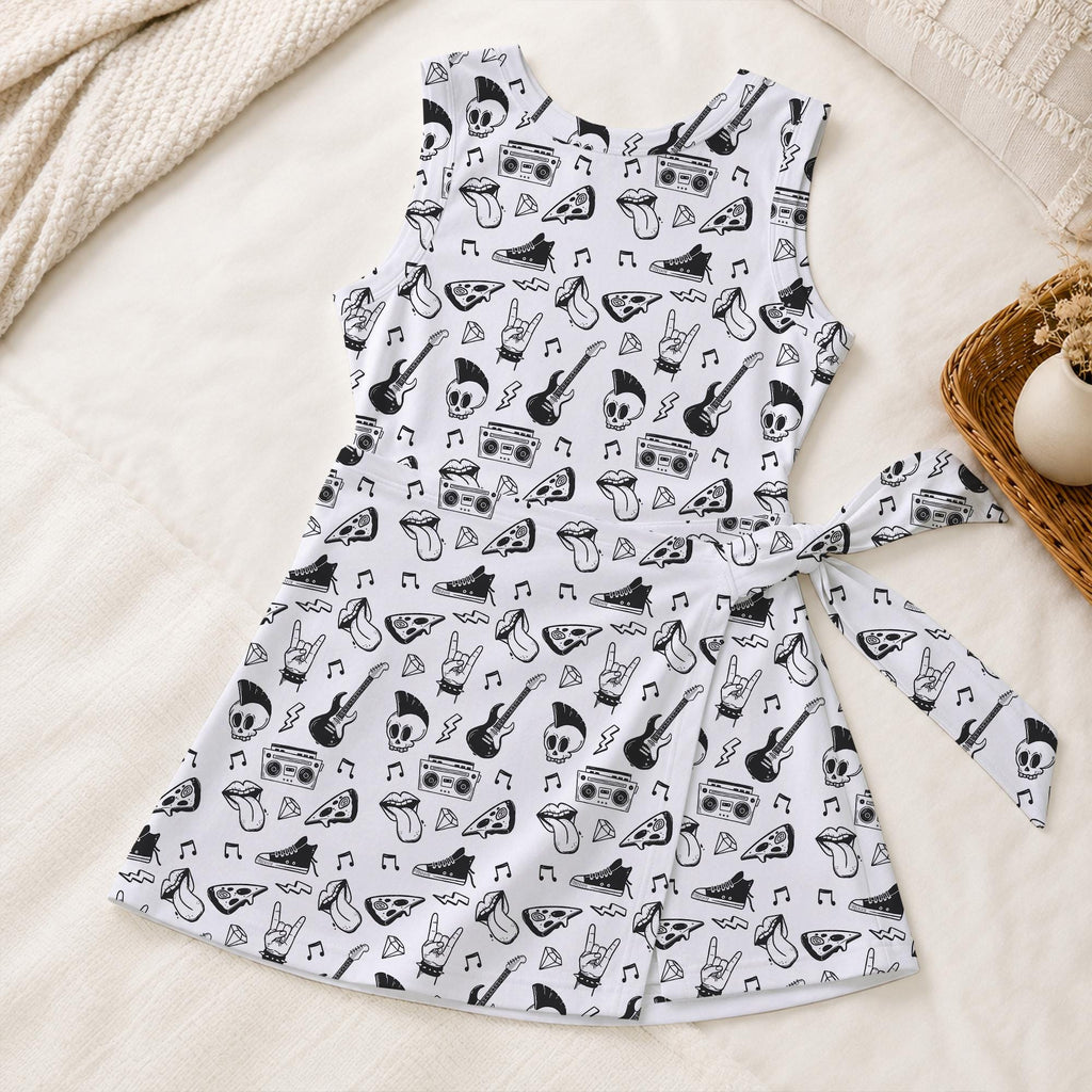 Punk Rock Tennis Dress, Guitar Skull Doodle Pattern Activewear, Cool Printed Matching Skirt For Music Festivals