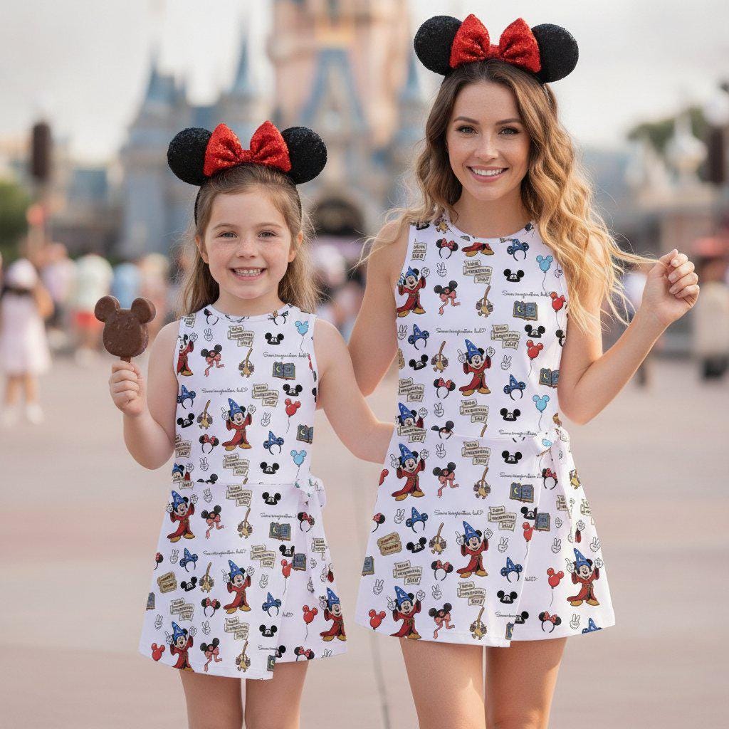 Mickey Some Imagination Huh Tennis Dress, Mickey Magic Broom Activewear Skirt, Mouse Ears Disney Girls Summer Skort