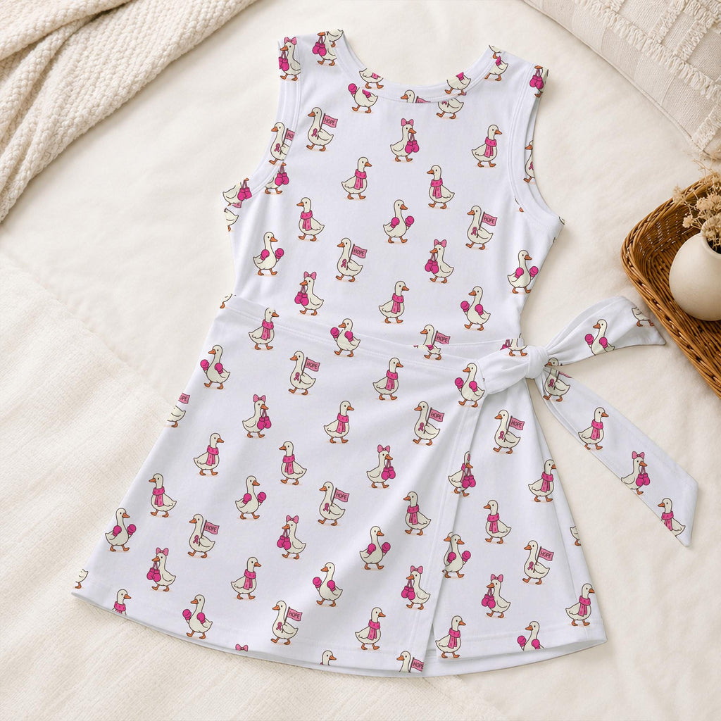 Pink Ribbon Duck Tennis Dress, Breast Cancer Awareness Skirt, Cute Hope Goose Pattern Activewear For Survivor