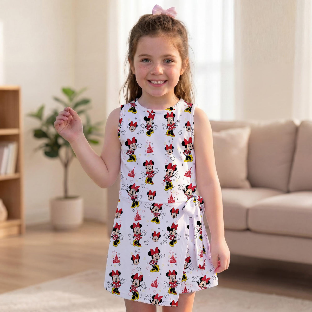 Lovely Minnie Tennis Dress, Magical Castle Pattern Activewear Skirt, Mouse Ears Red Bow Skort