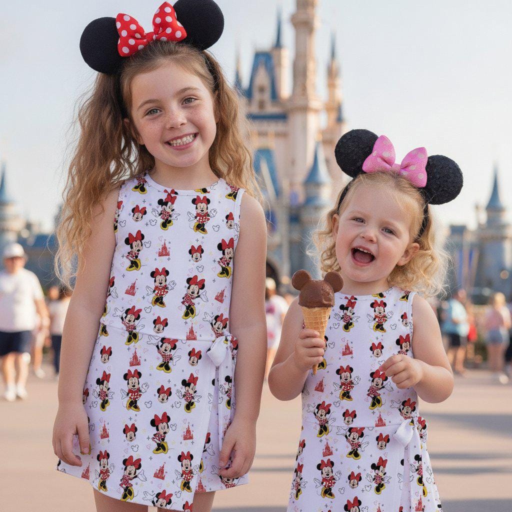 Lovely Minnie Tennis Dress, Magical Castle Pattern Activewear Skirt, Mouse Ears Red Bow Skort