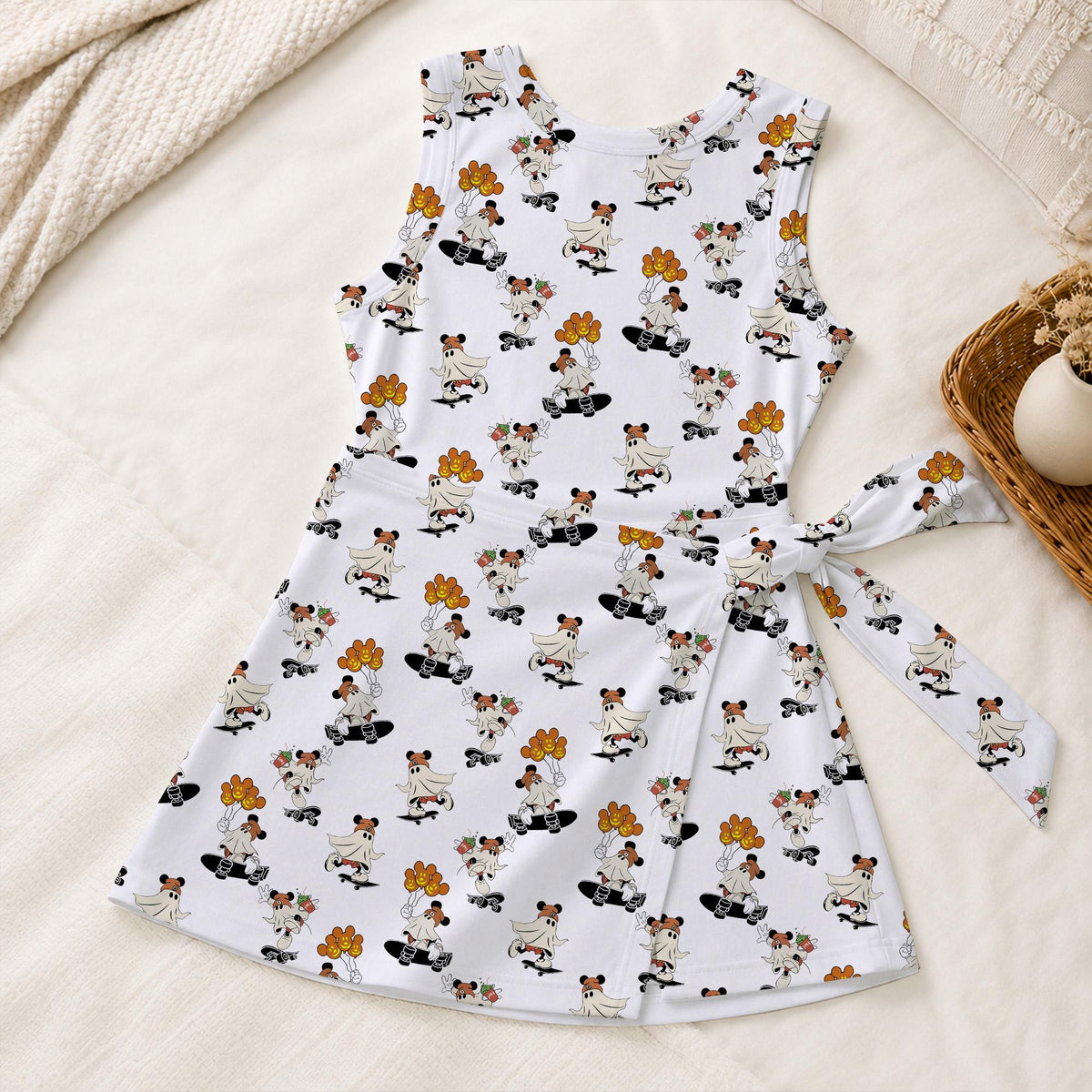 Mickey Skateboard Ghost Tennis Dress, Halloween Mouse Friends Pattern Activewear, Spooky Mickey Skater Pumpkin Skirt