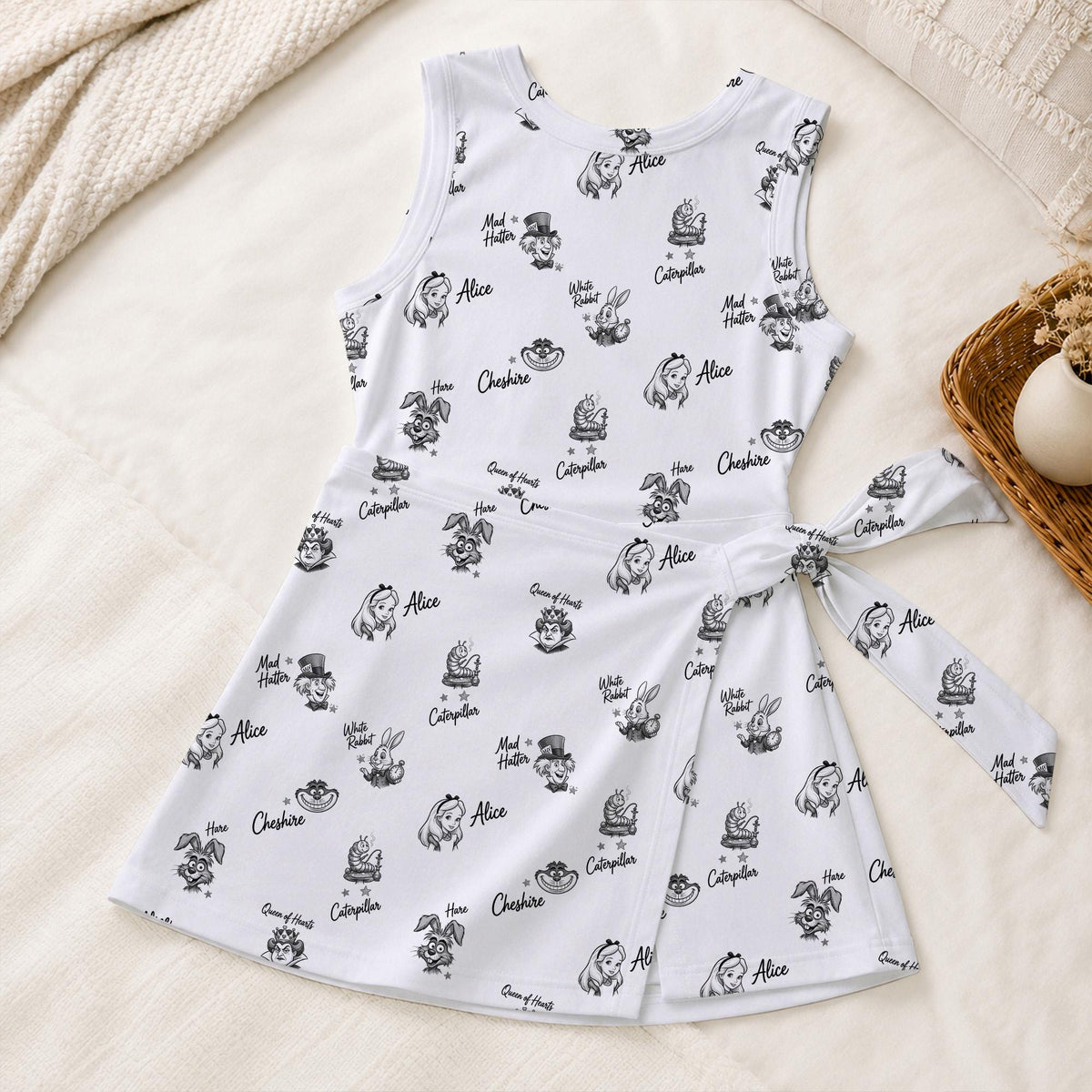 Alice in Wonderland Tennis Dress, Mad Hatter Cheshire Cat Activewear, White Rabbit Sketch Pattern Skirt