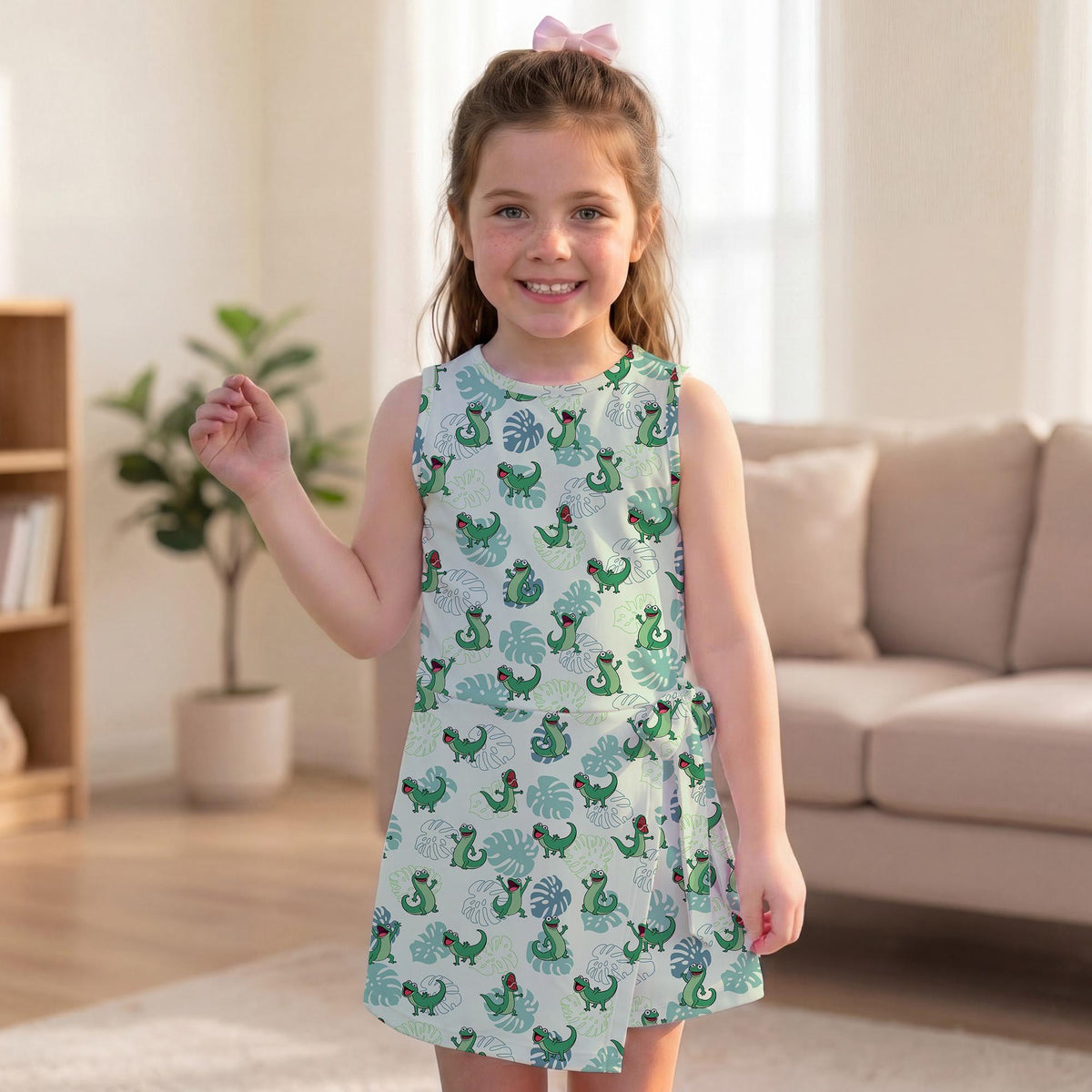 Hoppers Tom Lizard Tennis Dress, Pixar Lizard Tropical Leaf Pattern Girls Matching Skirt, Magical Hoppers Friends Activewear