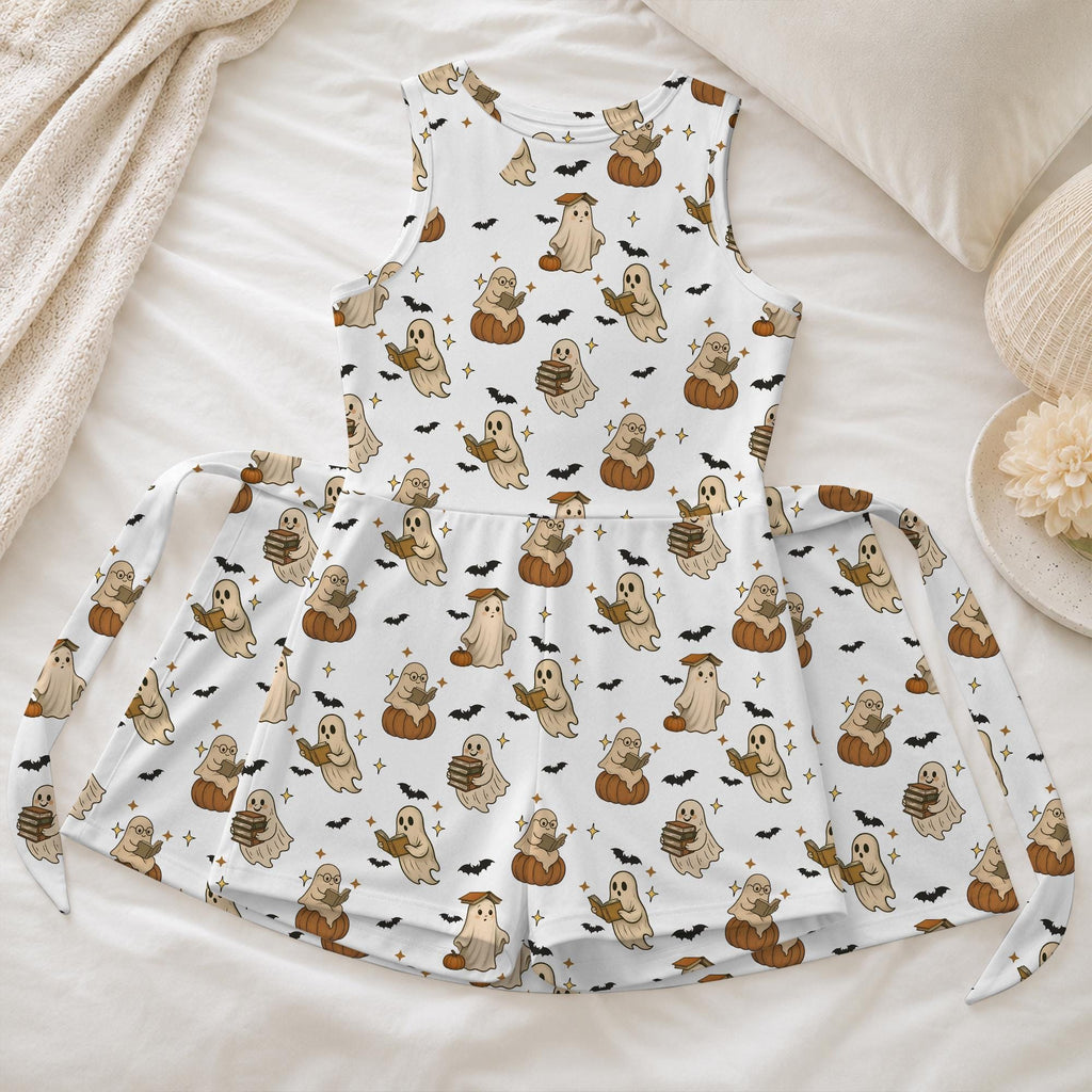 Bookish Ghost Reading Tennis Dress, Halloween Pumpkin Ghost Activewear, Cute Spooky Ghost Pattern Skirt