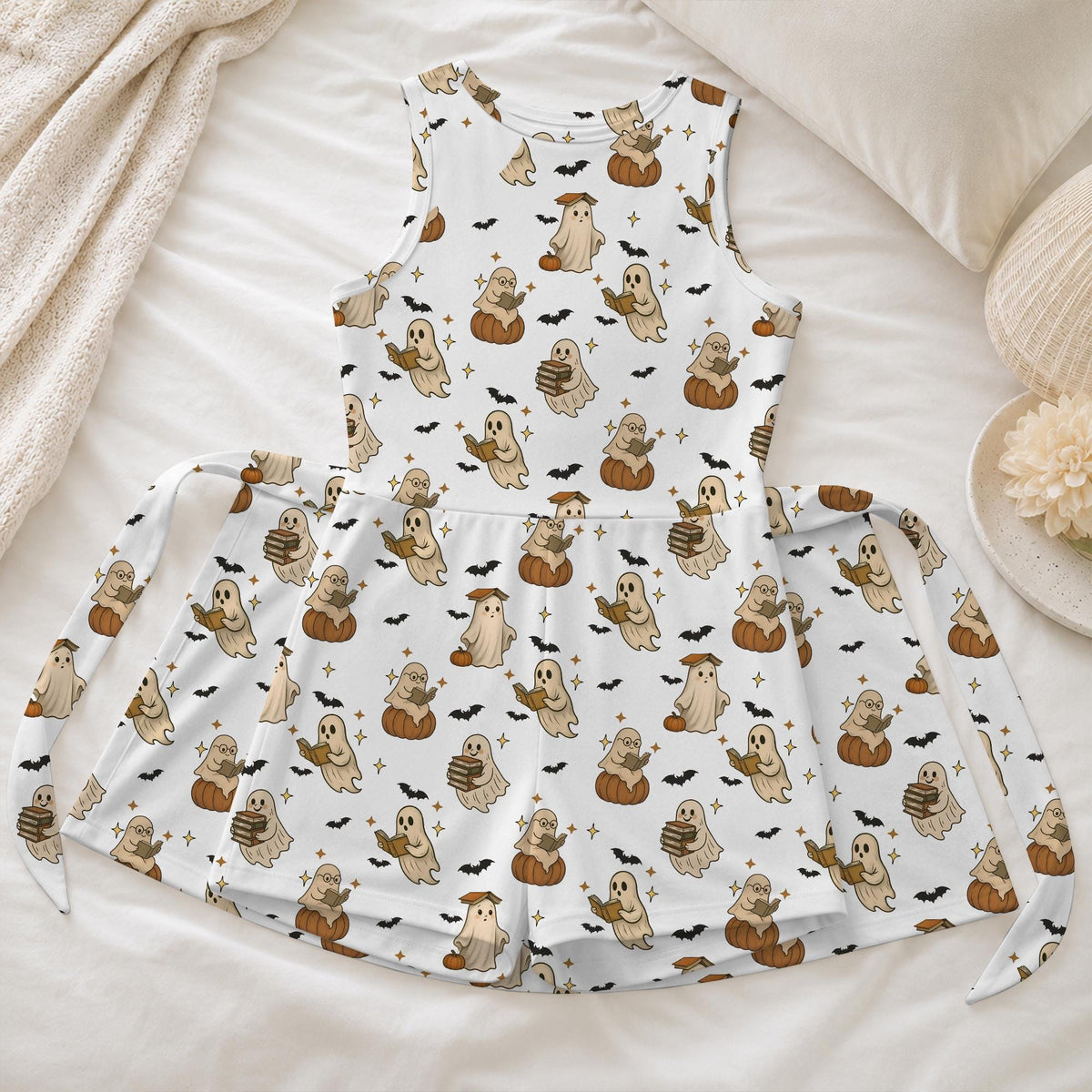 Bookish Ghost Reading Tennis Dress, Halloween Pumpkin Ghost Activewear, Cute Spooky Ghost Pattern Skirt