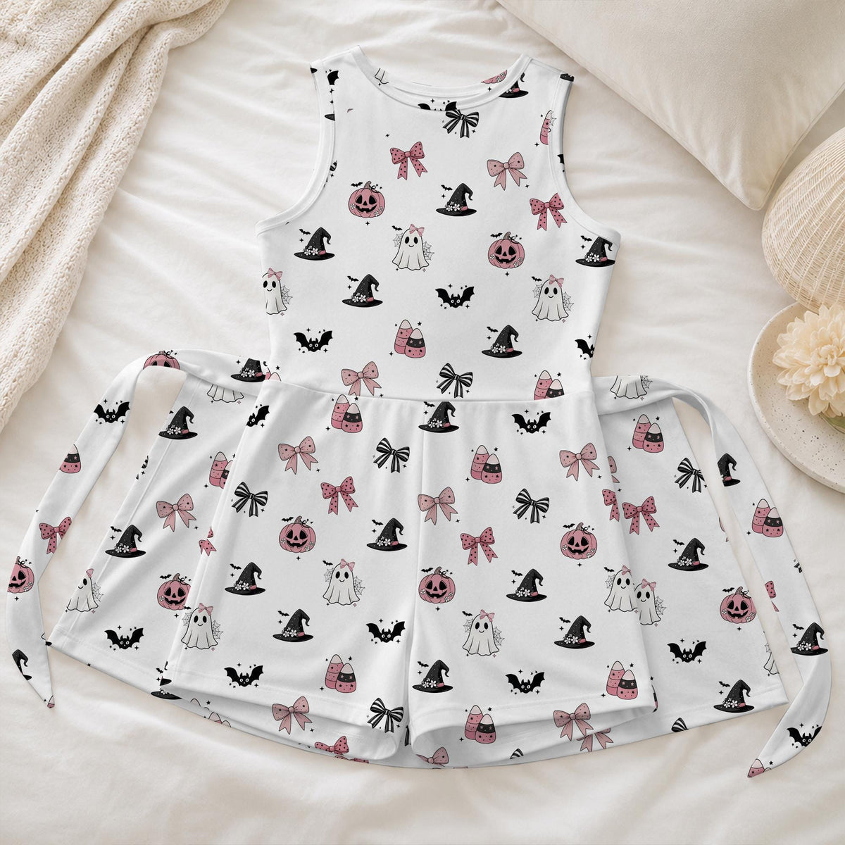 Halloween Pink Bow Ghost Tennis Dress, Coquette Pumpkin Activewear, Witch Hat Pastel Spooky Season Skirt