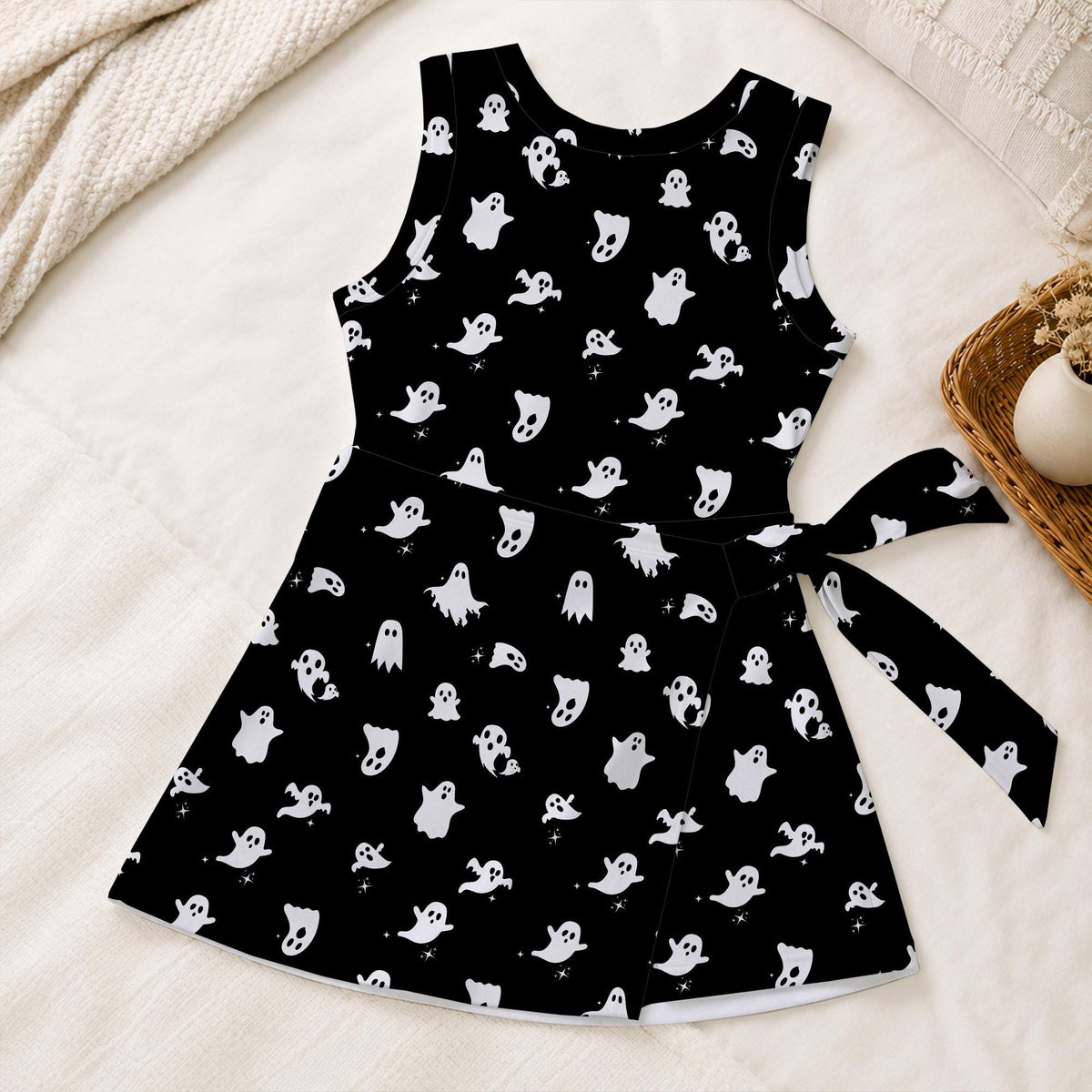 Cute Halloween Ghost Pattern Tennis Dress, Spooky Season Minimalist Black Activewear