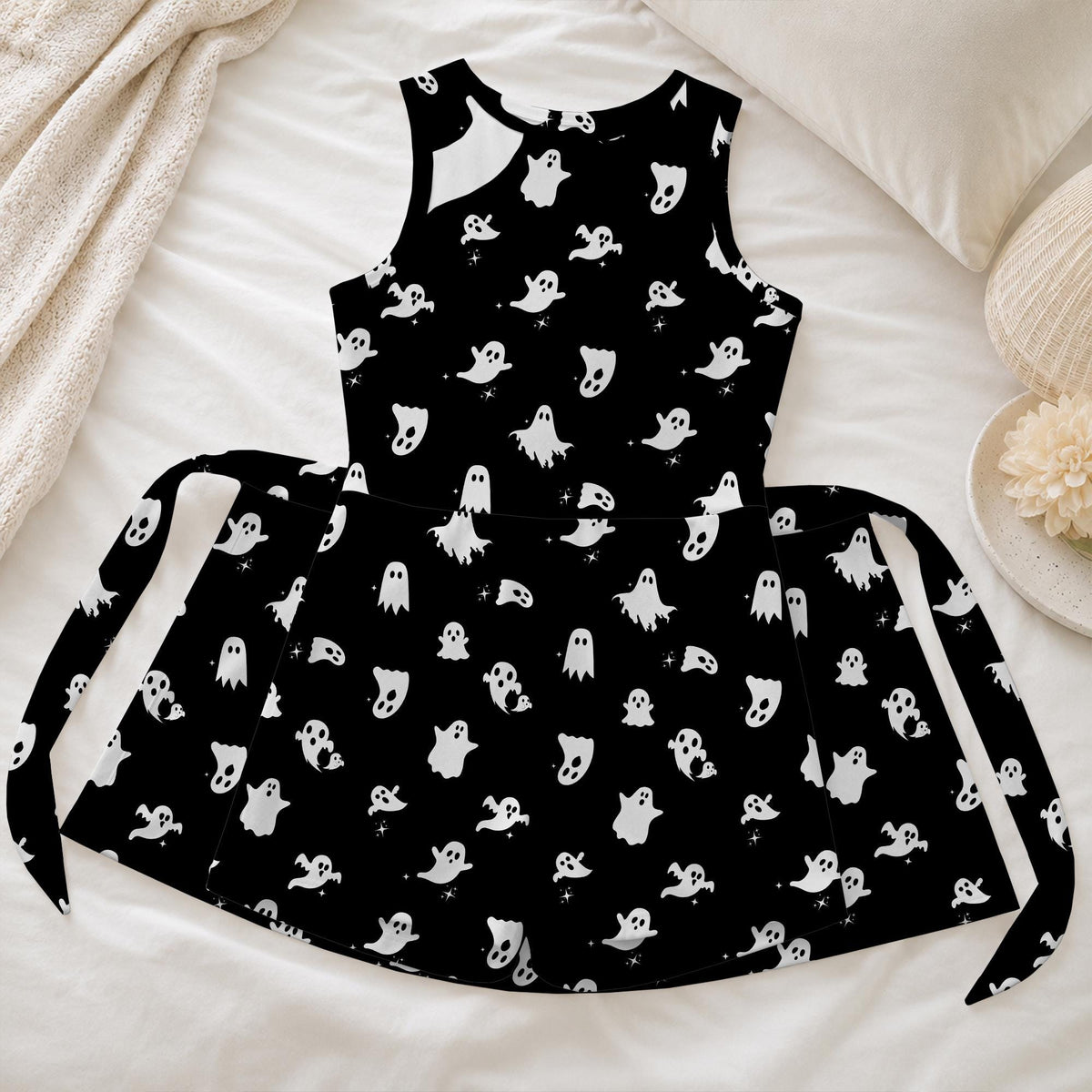 Cute Halloween Ghost Pattern Tennis Dress, Spooky Season Minimalist Black Activewear