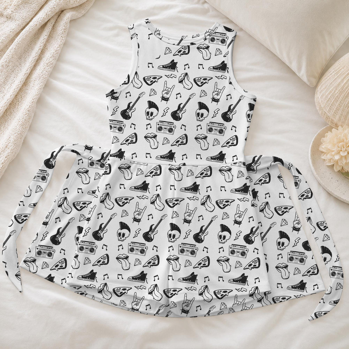 Punk Rock Tennis Dress, Guitar Skull Doodle Pattern Activewear, Cool Printed Matching Skirt For Music Festivals