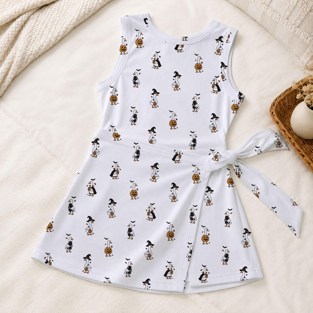 Halloween Goose Witch Hat Tennis Dress, Pumpkin Trick Or Treat Pattern Activewear, Spooky Season Fall Matching Skirt