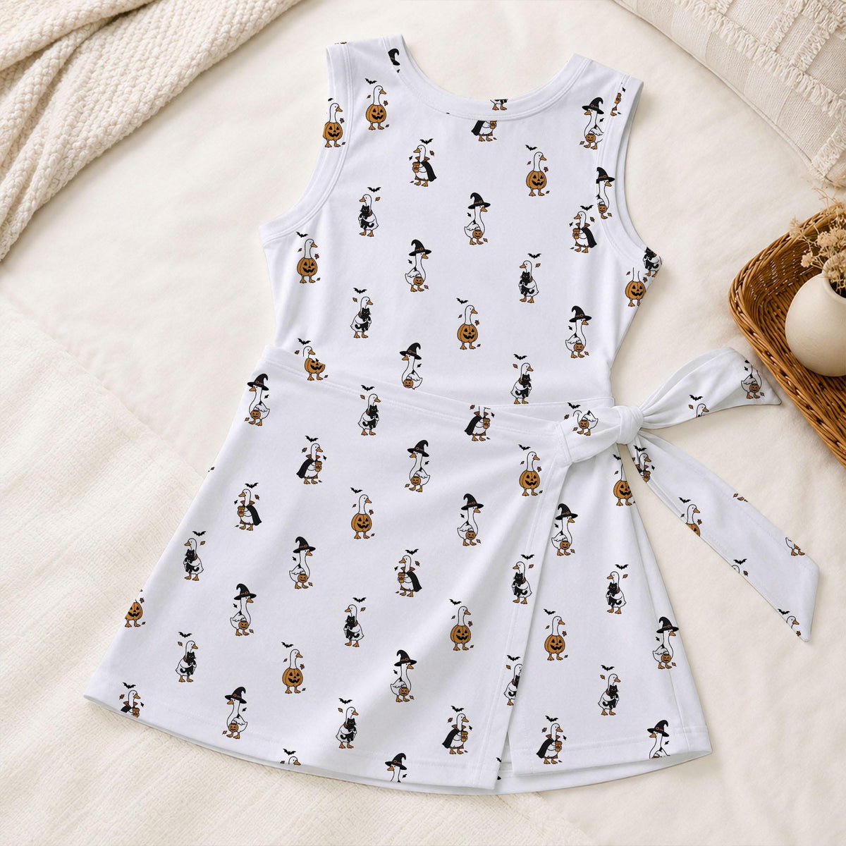 Halloween Goose Witch Hat Tennis Dress, Pumpkin Trick Or Treat Pattern Activewear, Spooky Season Fall Matching Skirt