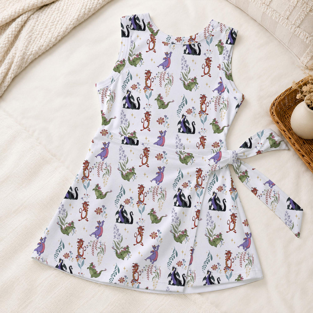 Colorful Magical Dragons Floral Tennis Dress, Mushu Figment Maleficent Activewear Animal Kingdom Trip