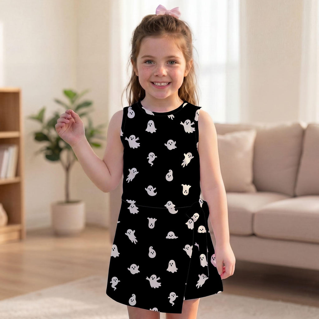 Black Ghost Halloween Tennis Dress, White Cute Ghost Print Tie Front Skort Dress