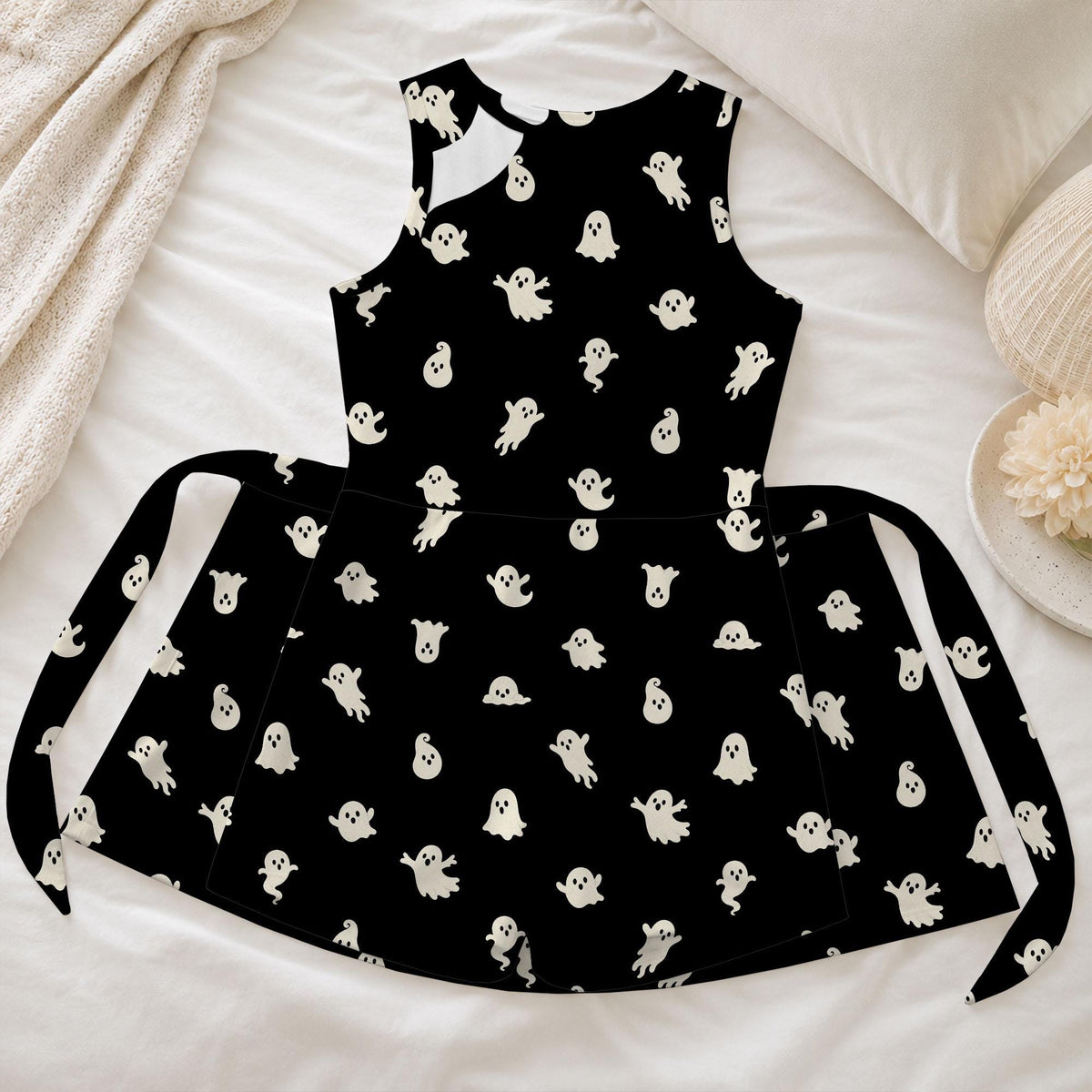 Black Ghost Halloween Tennis Dress, White Cute Ghost Print Tie Front Skort Dress