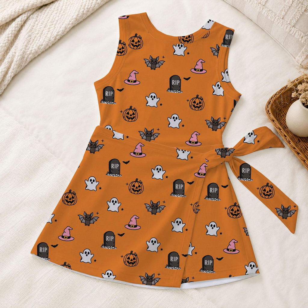 Orange Halloween Ghost Tennis Dress, Pumpkin Bat Witch Print Tie Front Skort Dress