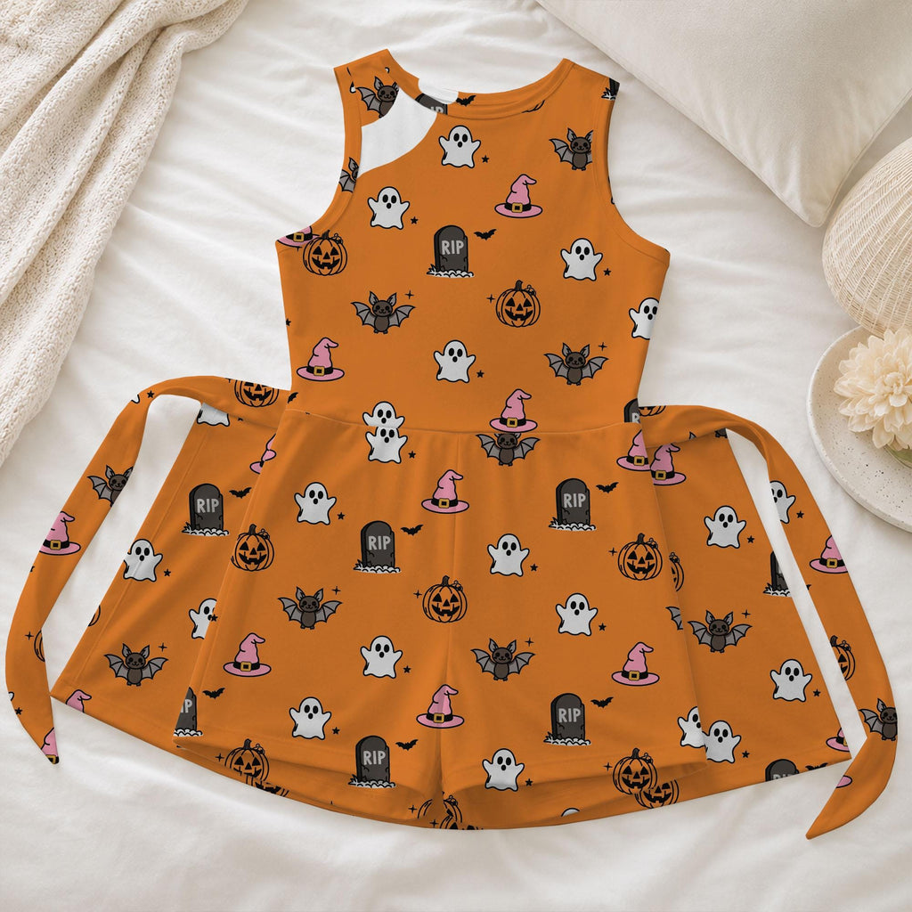 Orange Halloween Ghost Tennis Dress, Pumpkin Bat Witch Print Tie Front Skort Dress