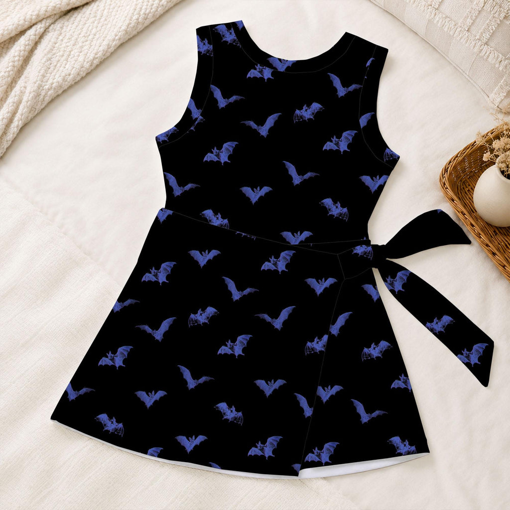 Purple Bat Halloween Tennis Dress, Black Spooky Bat Print Tie Front Skort Dress