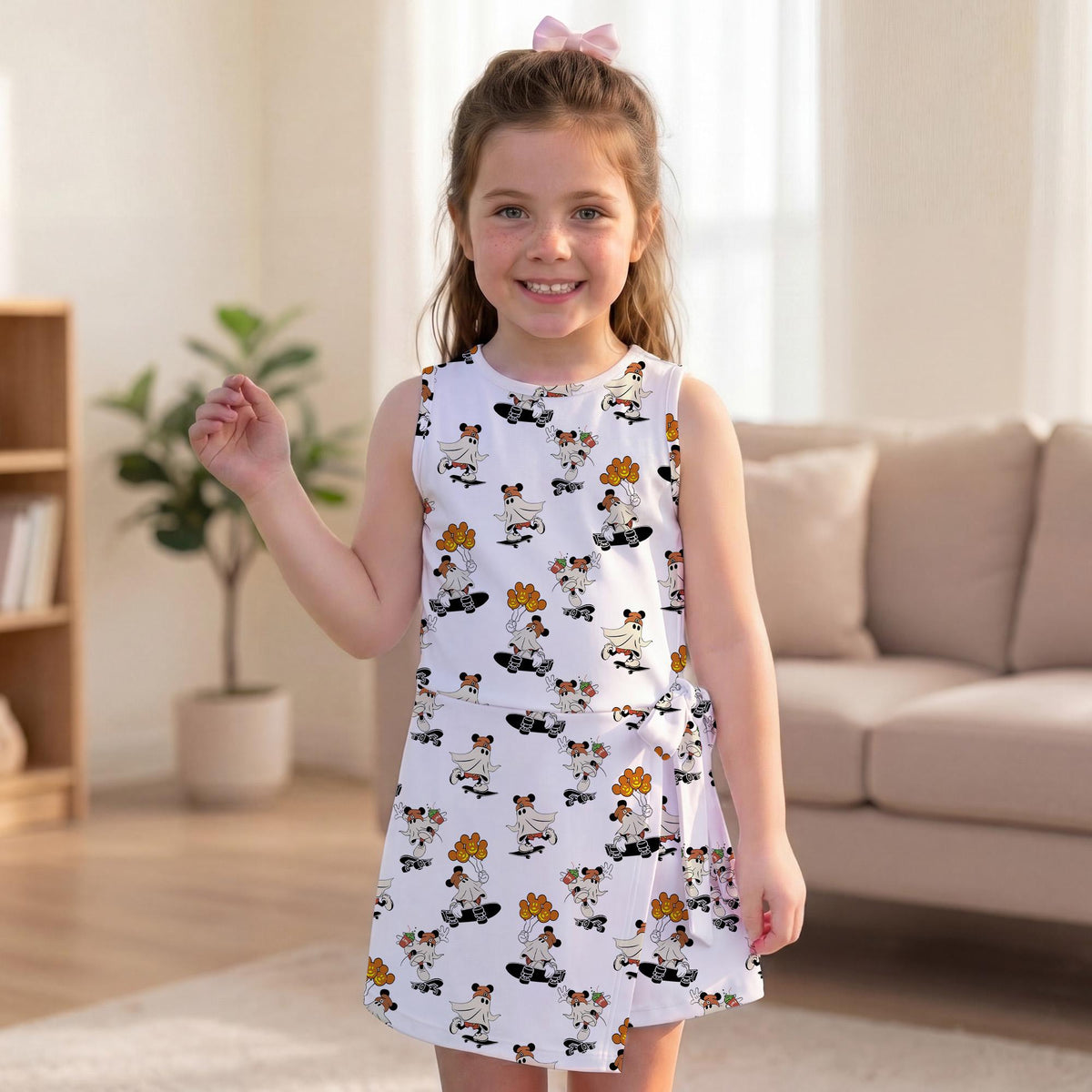 Mickey Skateboard Ghost Tennis Dress, Halloween Mouse Friends Pattern Activewear, Spooky Mickey Skater Pumpkin Skirt