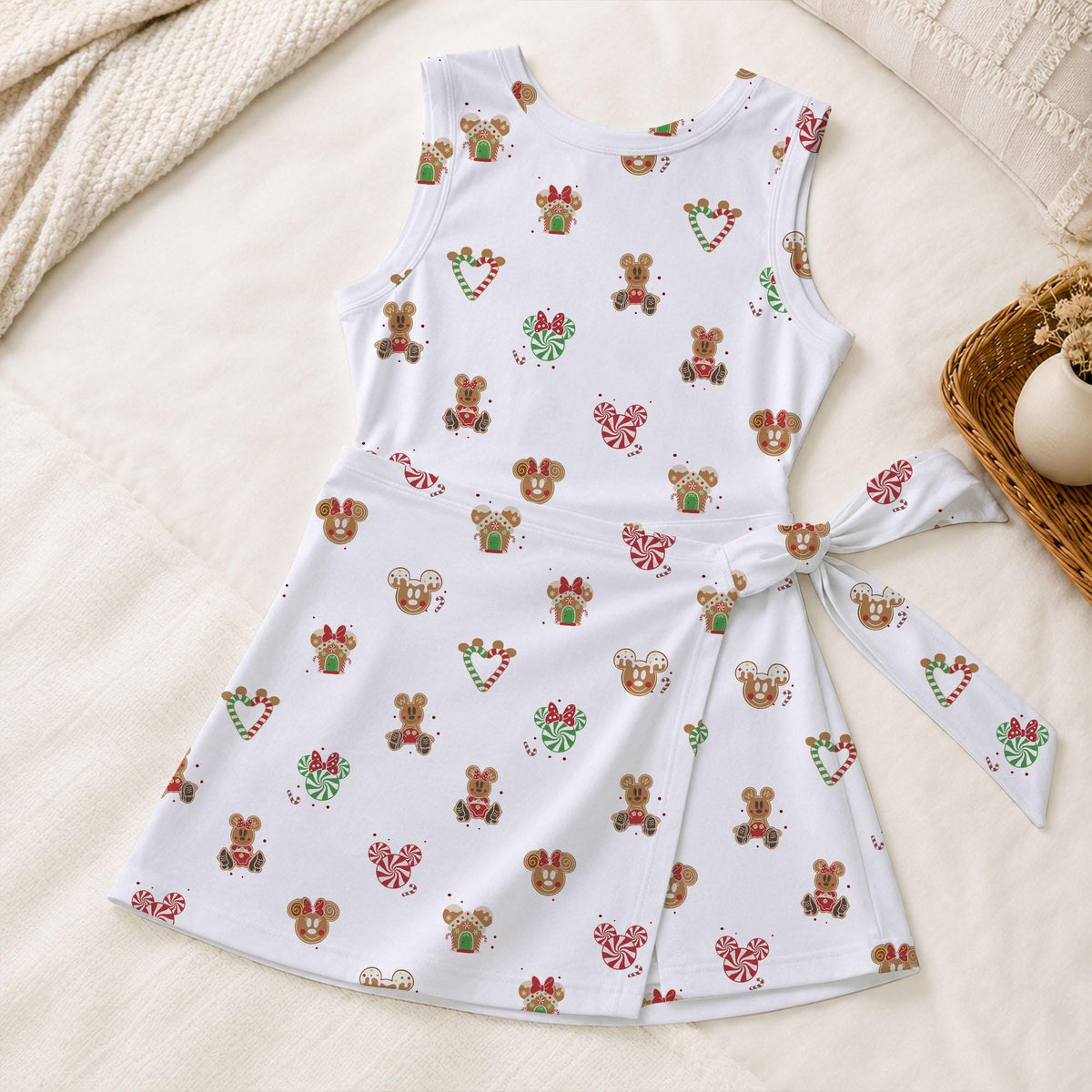 Mickey Minnie Gingerbread Christmas Tennis Dress, Peppermint Mouse Ears Candy Cane Heart, White Holiday Tie Front Skort Dress