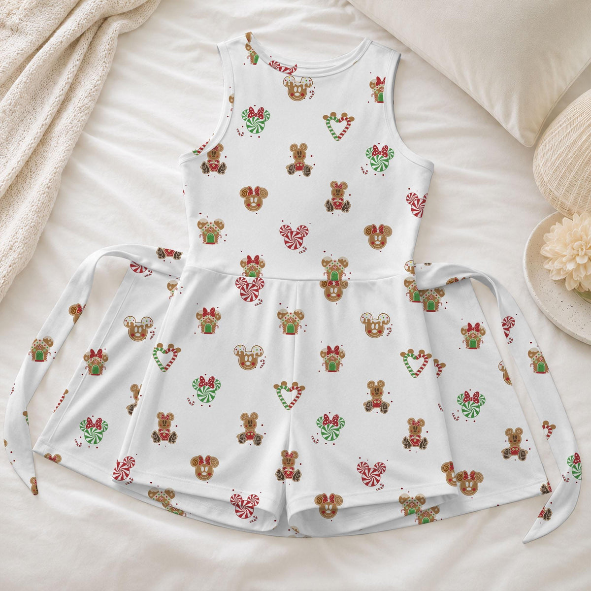 Mickey Minnie Gingerbread Christmas Tennis Dress, Peppermint Mouse Ears Candy Cane Heart, White Holiday Tie Front Skort Dress