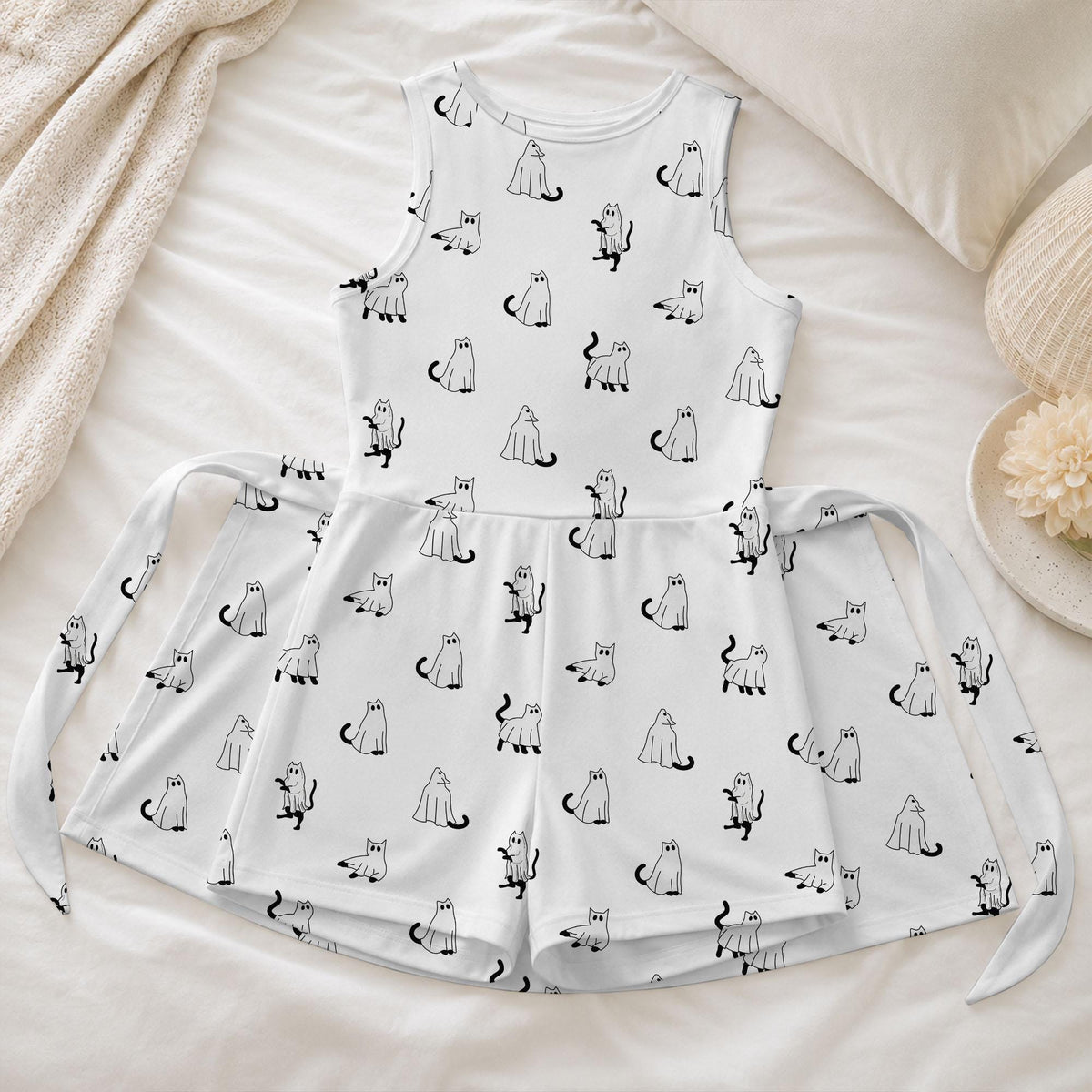 Ghost Cat Halloween Tennis Dress, Black White Sheet Costume Kitty Pattern, Spooky Minimalist Tie Front Skort Dress