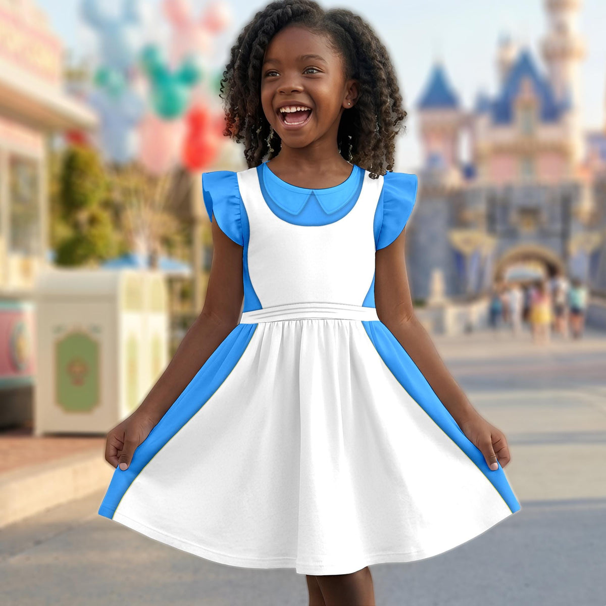 Alice in Wonderland Ruffle Dress, Halloween Costume Cosplay, Alice in Wonderland Flutter Sleeve Dress, Magic Kingdom Outfits for Girls
