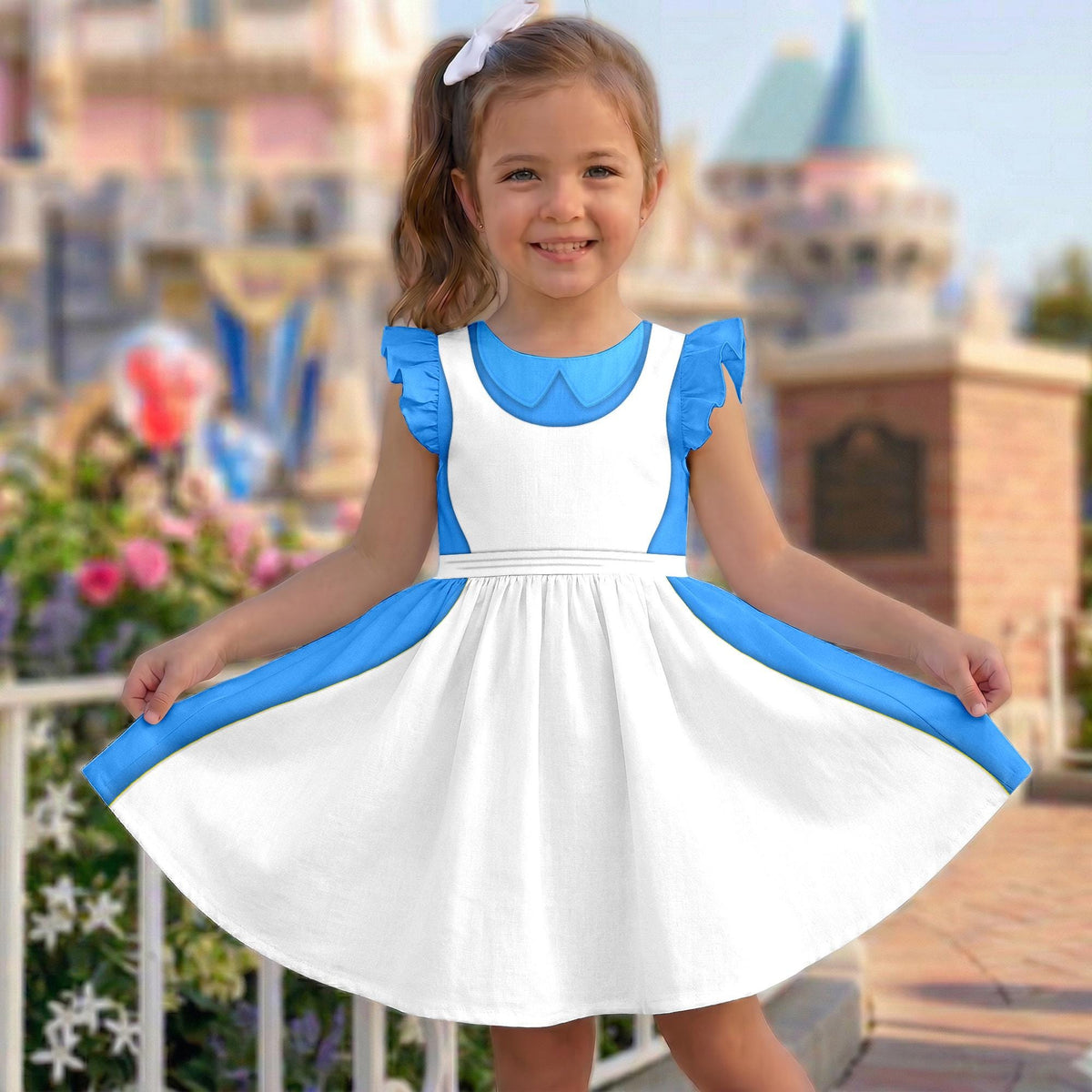 Alice in Wonderland Ruffle Dress, Halloween Costume Cosplay, Alice in Wonderland Flutter Sleeve Dress, Magic Kingdom Outfits for Girls