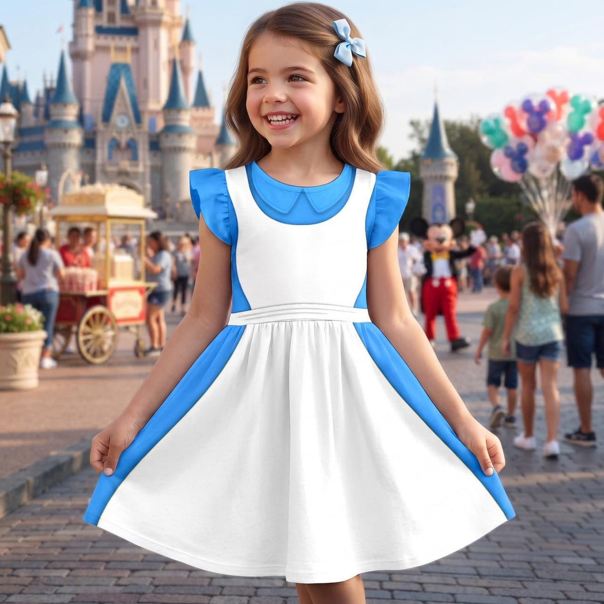 Alice in Wonderland Ruffle Dress, Halloween Costume Cosplay, Alice in Wonderland Flutter Sleeve Dress, Magic Kingdom Outfits for Girls