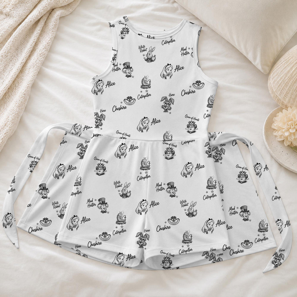 Alice in Wonderland Tennis Dress, Mad Hatter Cheshire Cat Activewear, White Rabbit Sketch Pattern Skirt