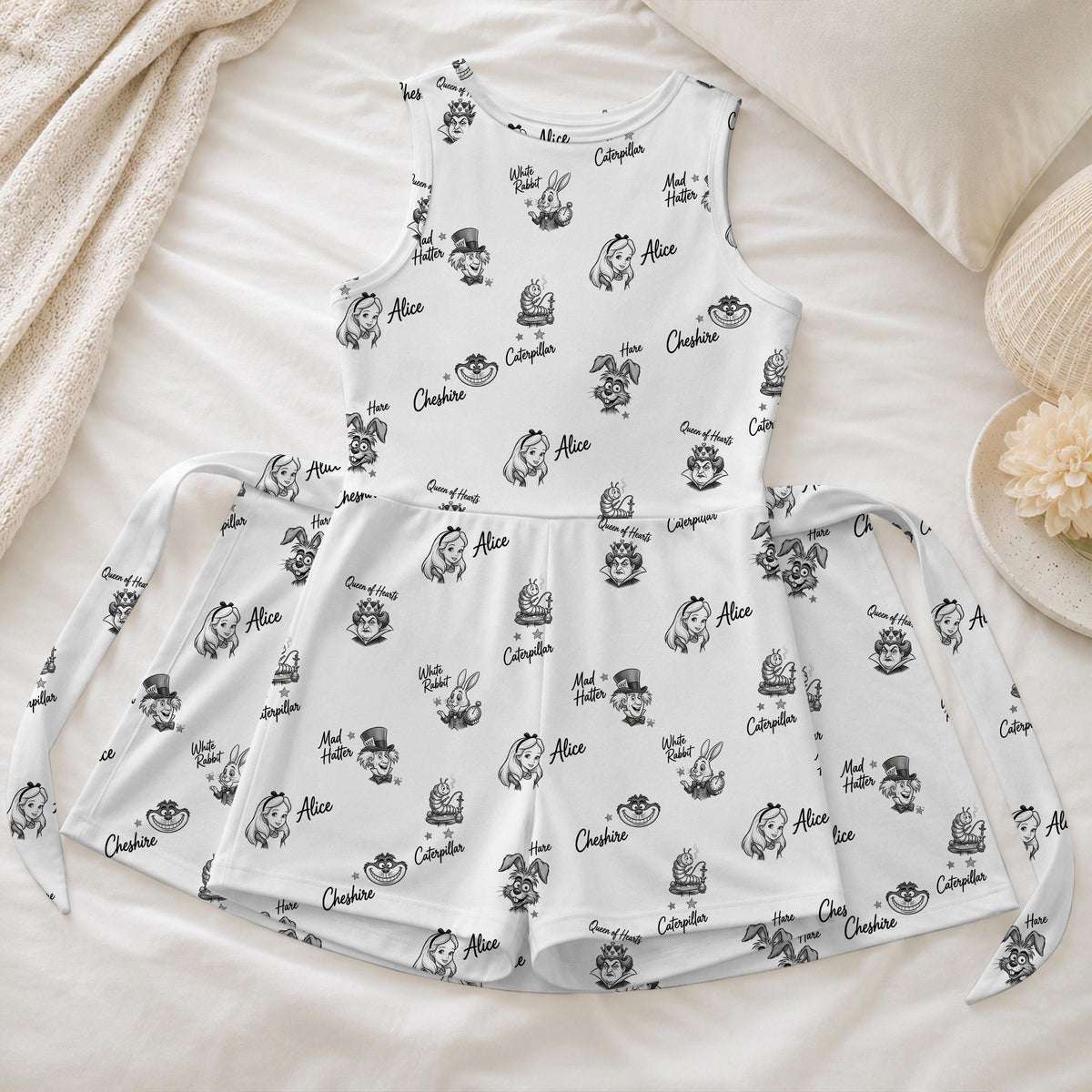 Alice in Wonderland Tennis Dress, Mad Hatter Cheshire Cat Activewear, White Rabbit Sketch Pattern Skirt