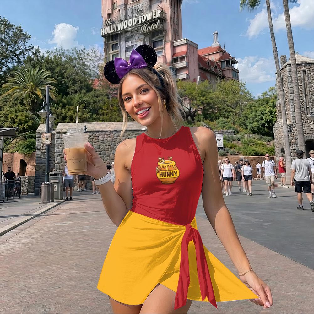 Halloween Winnie The Pooh Costume Wrap Skort Dress, Winnie The Pooh Outfit, Cosplay Pooh Dress, Girl Dress Summer Trip Outfit, WDW Trip