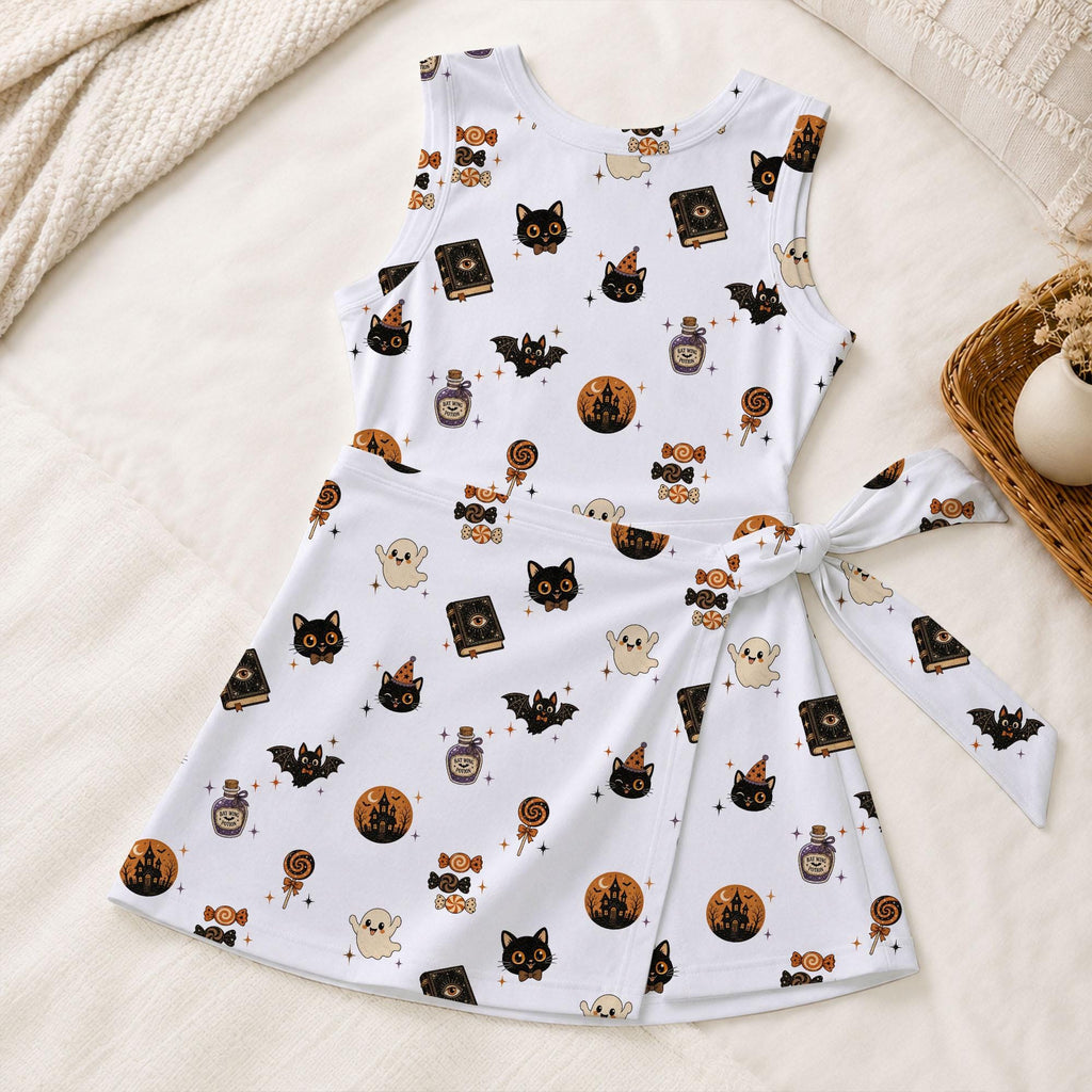 Halloween Ghost Black Cat Tennis Dress, Spooky Bat Spell Book Potion Activewear, Candy Pumpkin Castle Skort