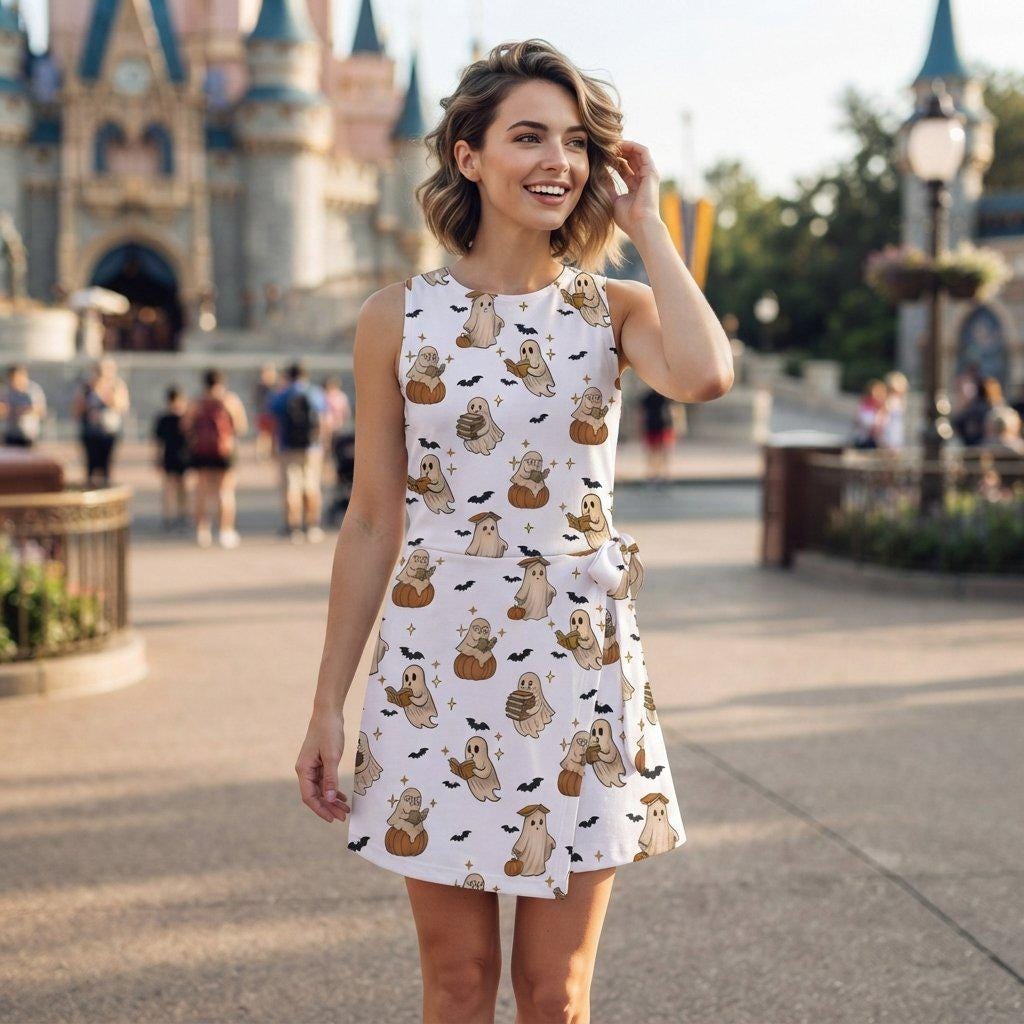 Bookish Ghost Reading Tennis Dress, Halloween Pumpkin Ghost Activewear, Cute Spooky Ghost Pattern Skirt