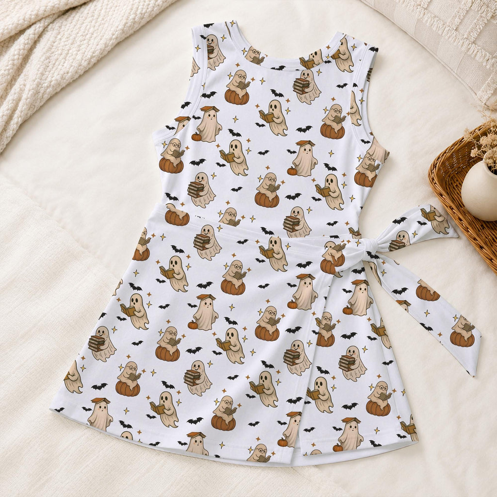 Bookish Ghost Reading Tennis Dress, Halloween Pumpkin Ghost Activewear, Cute Spooky Ghost Pattern Skirt