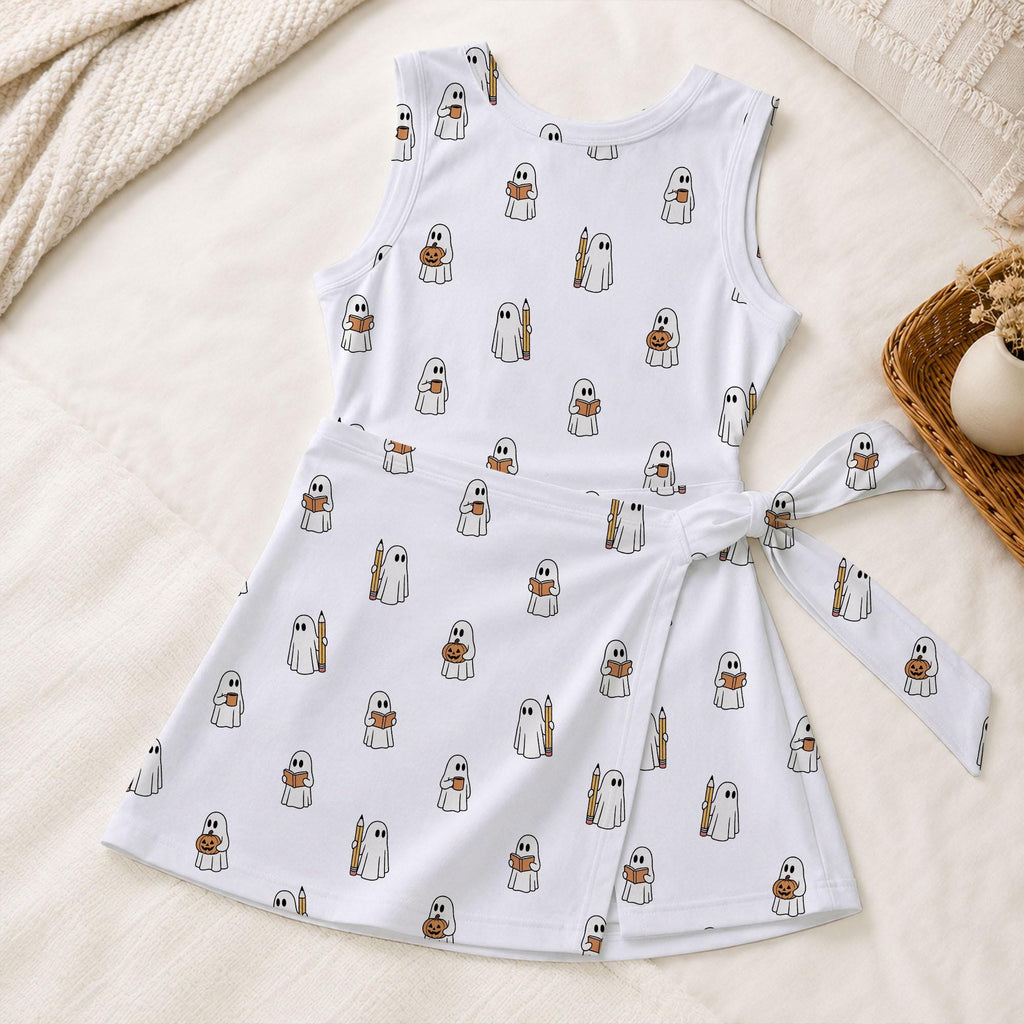 Halloween Cute Ghost Bookworm Tennis Dress, Spooky Bookish Ghost Activewear, Trick Or Treat Teacher Fall Skort