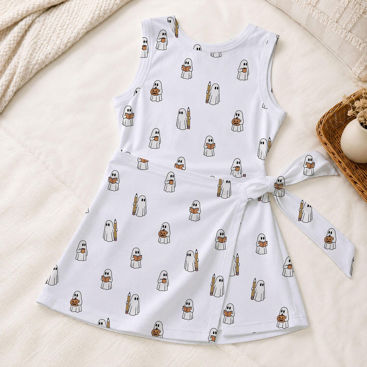 Halloween Cute Ghost Bookworm Tennis Dress, Spooky Bookish Ghost Activewear, Trick Or Treat Teacher Fall Skort