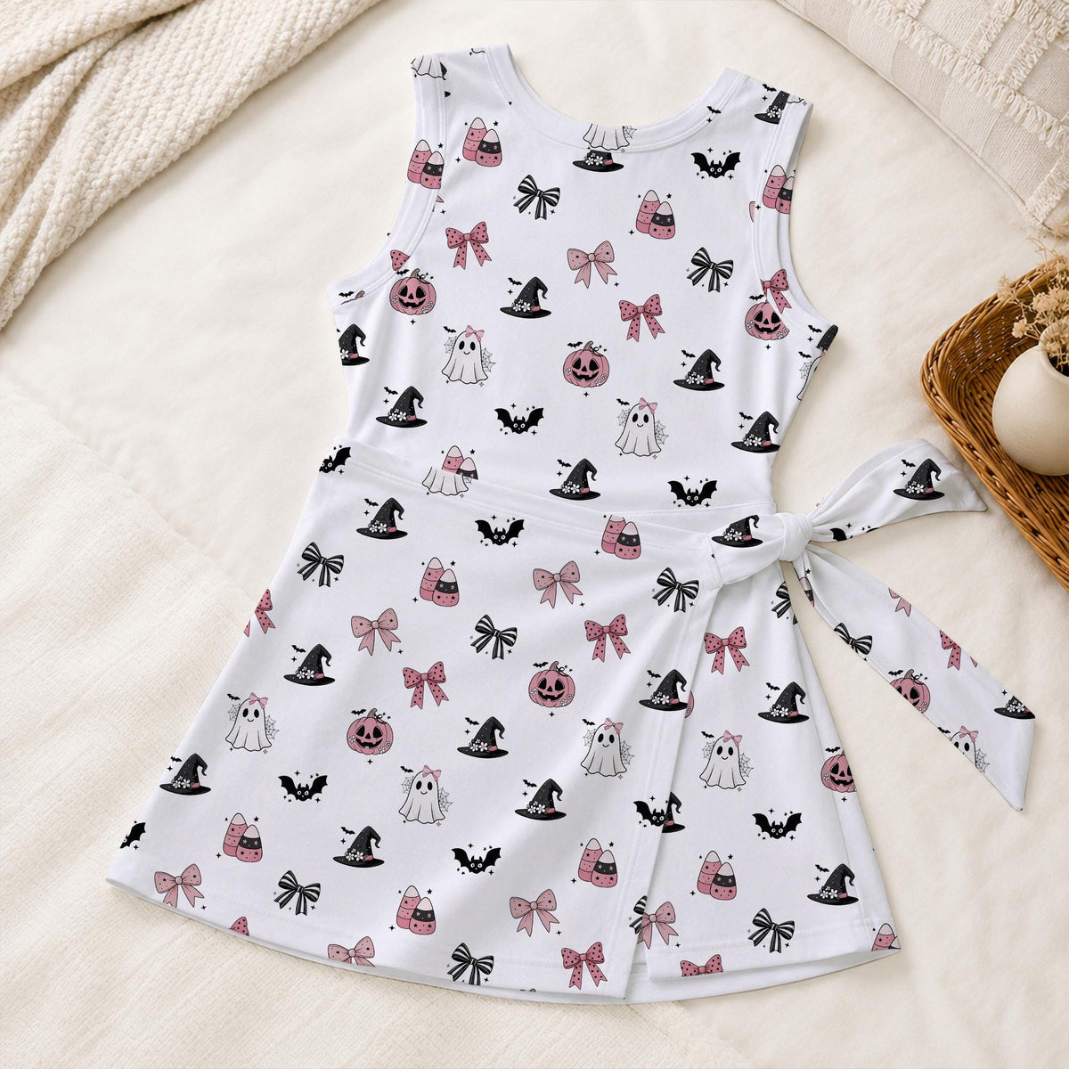 Halloween Pink Bow Ghost Tennis Dress, Coquette Pumpkin Activewear, Witch Hat Pastel Spooky Season Skirt