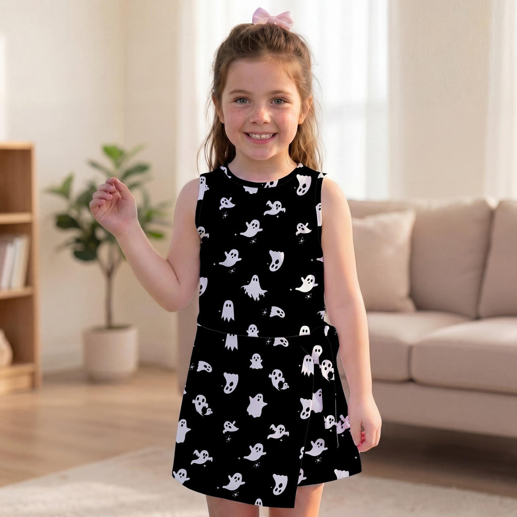 Cute Halloween Ghost Pattern Tennis Dress, Spooky Season Minimalist Black Activewear