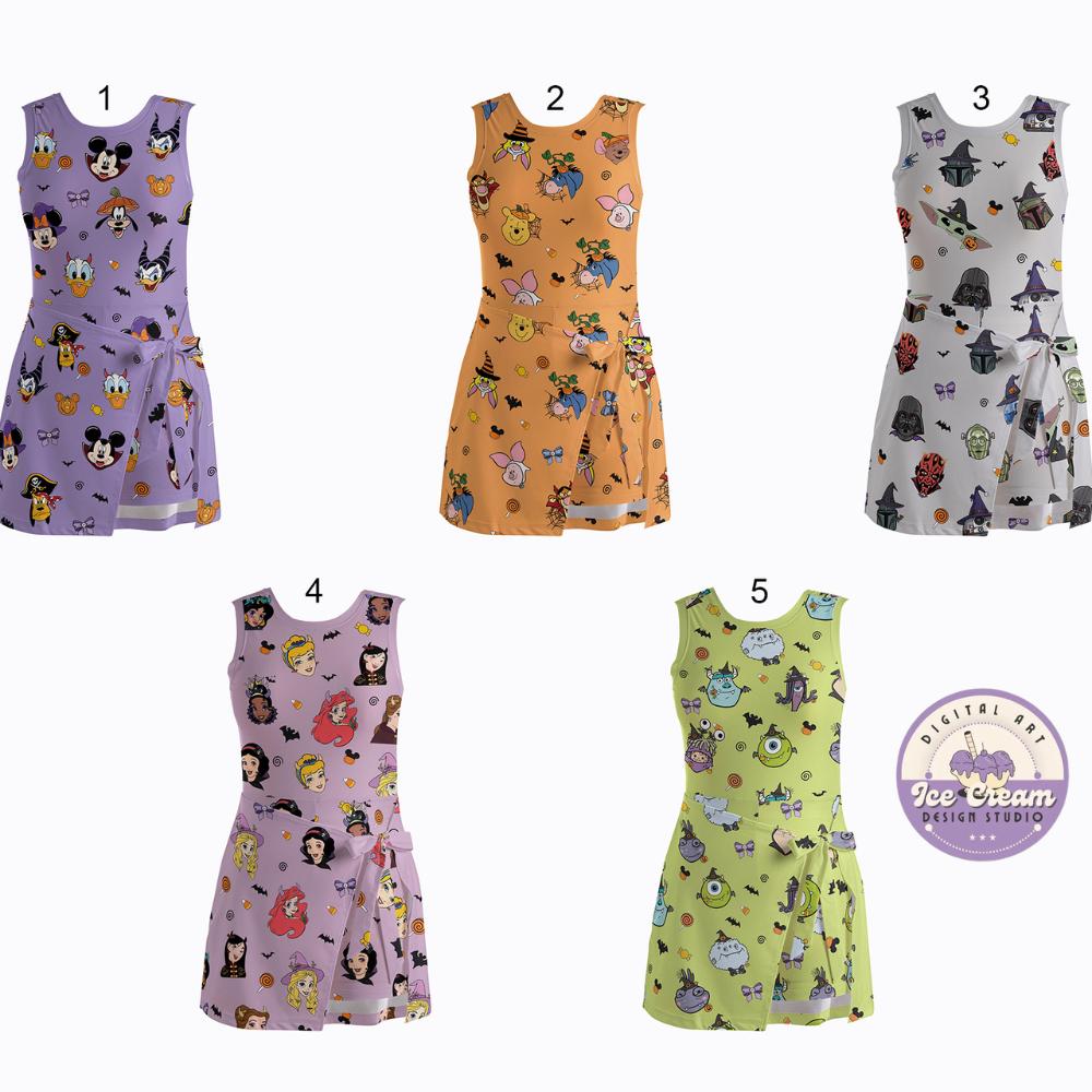 All Characters Disney Halloween Tennis Dress, Disney Princess Star Wars Mickey and Friends Pooh Hallooween Womens Kids Costume Dress Skirt