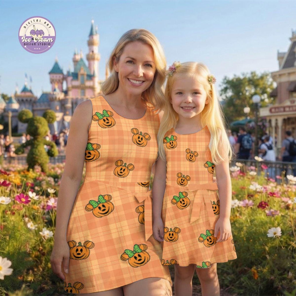 Halloween Mickey Minnie Pumpkins Striped Wrap Skort Dress, Disney Pumpkin Mom and Daughter Matching Outfits, Mickey's Not So Scary Party