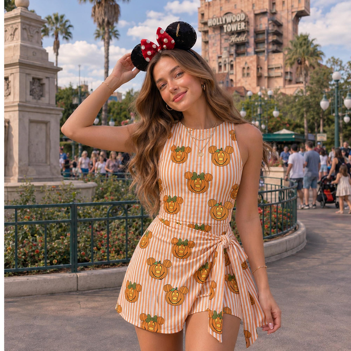 Halloween Mouse Pumpkins Striped Wrap Skort Dress, Mouse Pumpkin Head Matching Outfits, Mouse 's Not So Scary, Halloween Party Dress