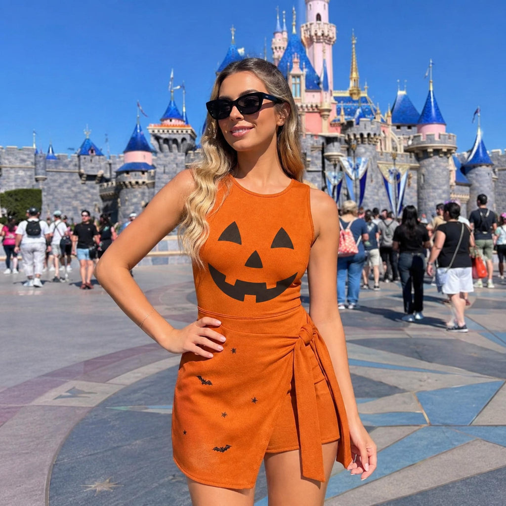 Halloween Pumpkin Cosplay Wrap Skort Dress, Orange Dress Pumpkin Costume, Halloween Trip Family Matching Outfit, Women Girls Dress Costume