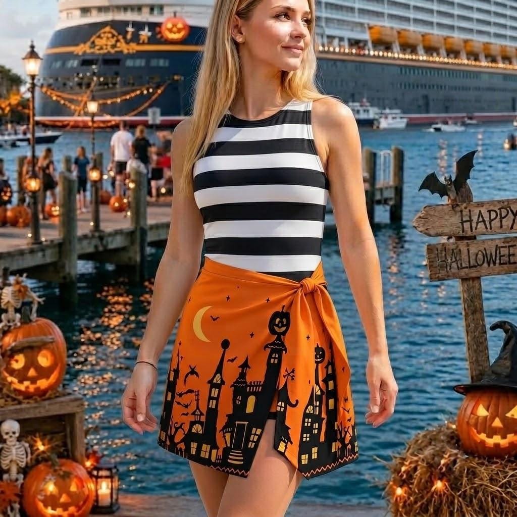 Halloween Pumpkin Tennis Skirt Dress, Disney Bounding Vintage Bat Print A-Line Dress, Spooky Castle Outfit for Park