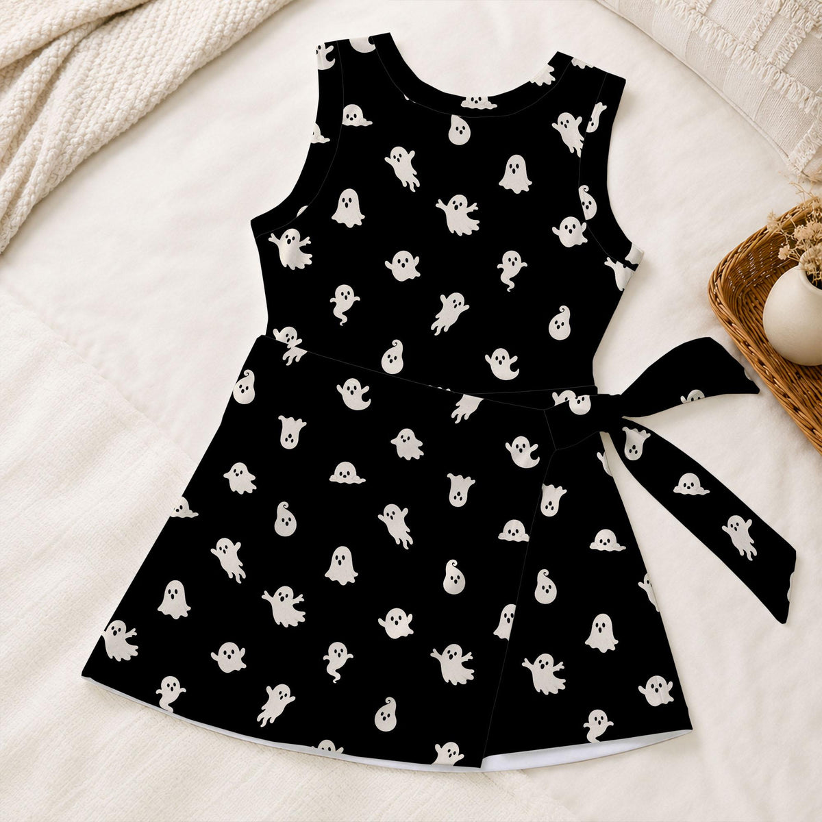 Black Ghost Halloween Tennis Dress, White Cute Ghost Print Tie Front Skort Dress